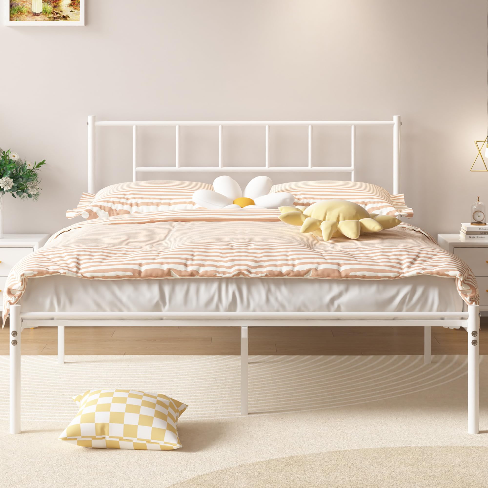 VECELO Full Metal Platform Bed Frame with Headboard, Heavy Duty Steel Slat Support, Under Bed Storage,No Box Spring Needed, Easy