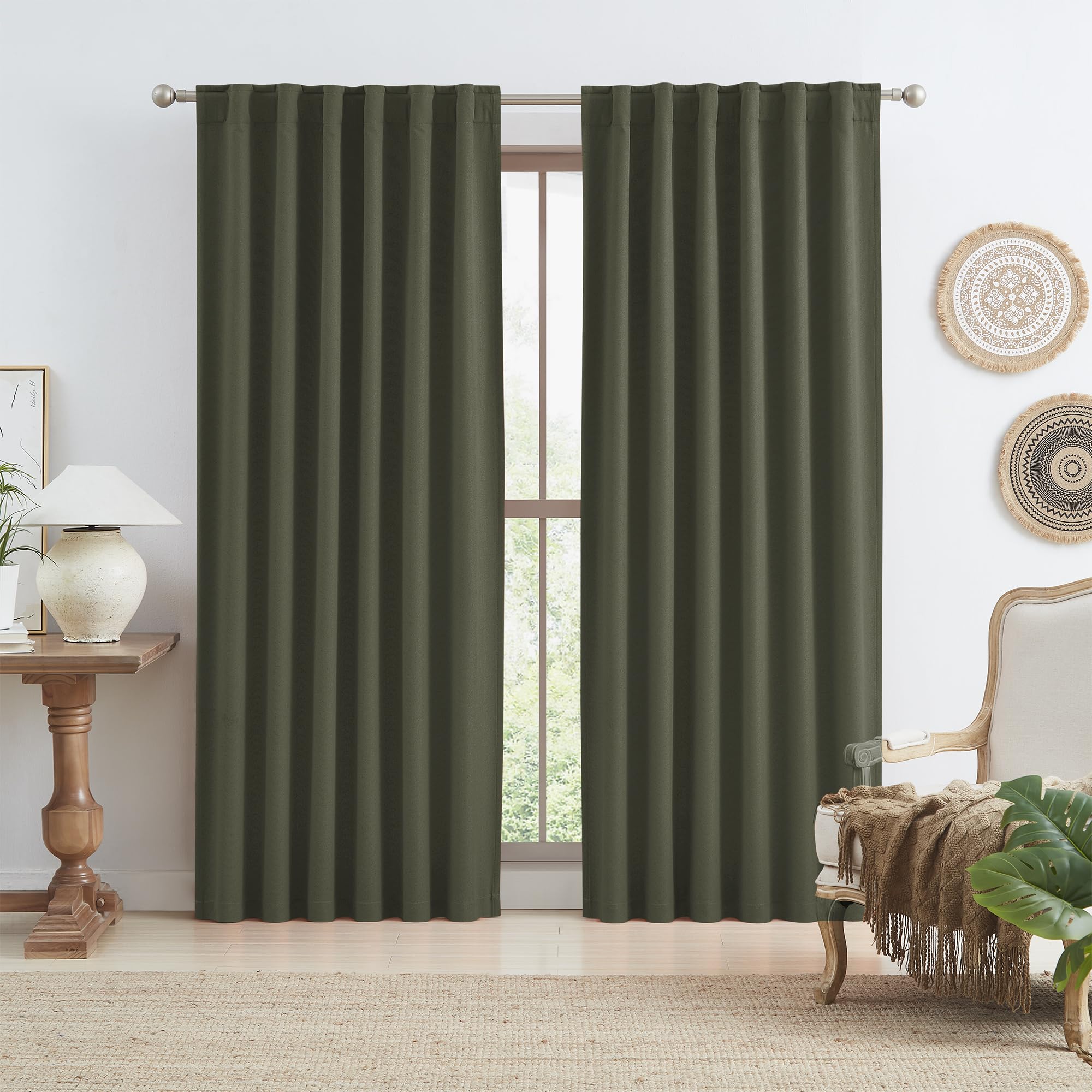 KEQIAOSUOCAI Dark Olive Green Blackout Curtains 90 Inches Long 2 Panels Set- Faux Linen Textured Black Out Thermal Insulated Noi