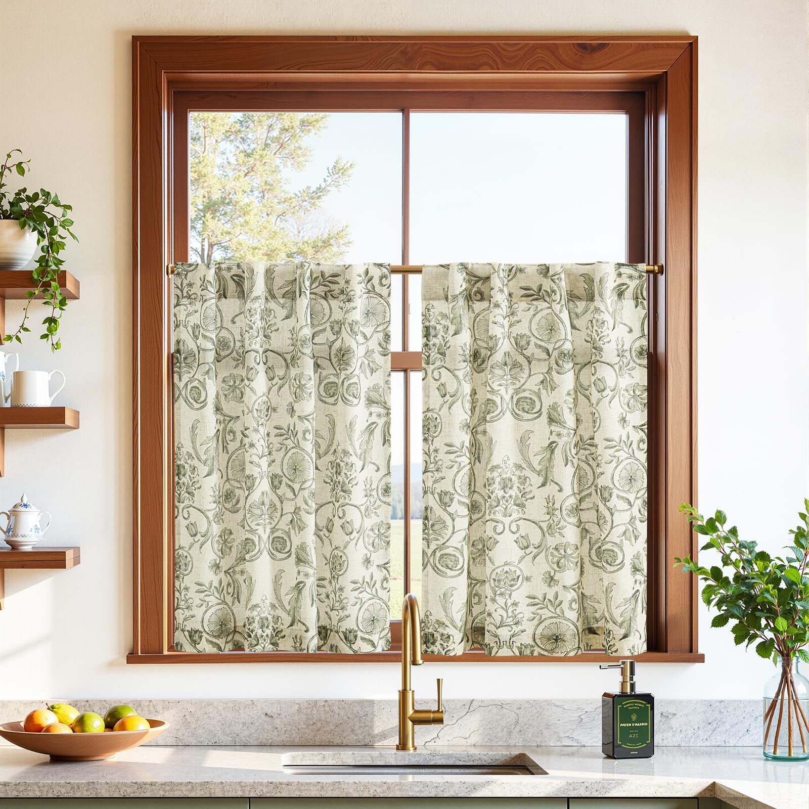jinchan Small Window Curtains 30 Inch Linen Floral Curtain Set for Kitchen Bathroom Cafe Curtains Light Filtering Window Treatme