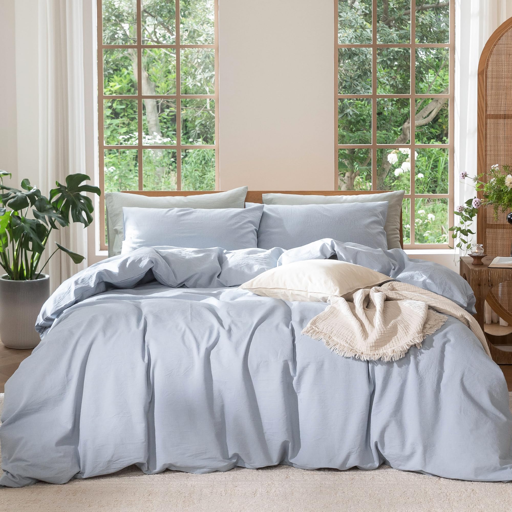 MooMee Bedding Duvet Cover Set 100% Washed Cotton Linen Like Textured Breathable Durable Soft Comfy (Heathered Cornflower Blue, 