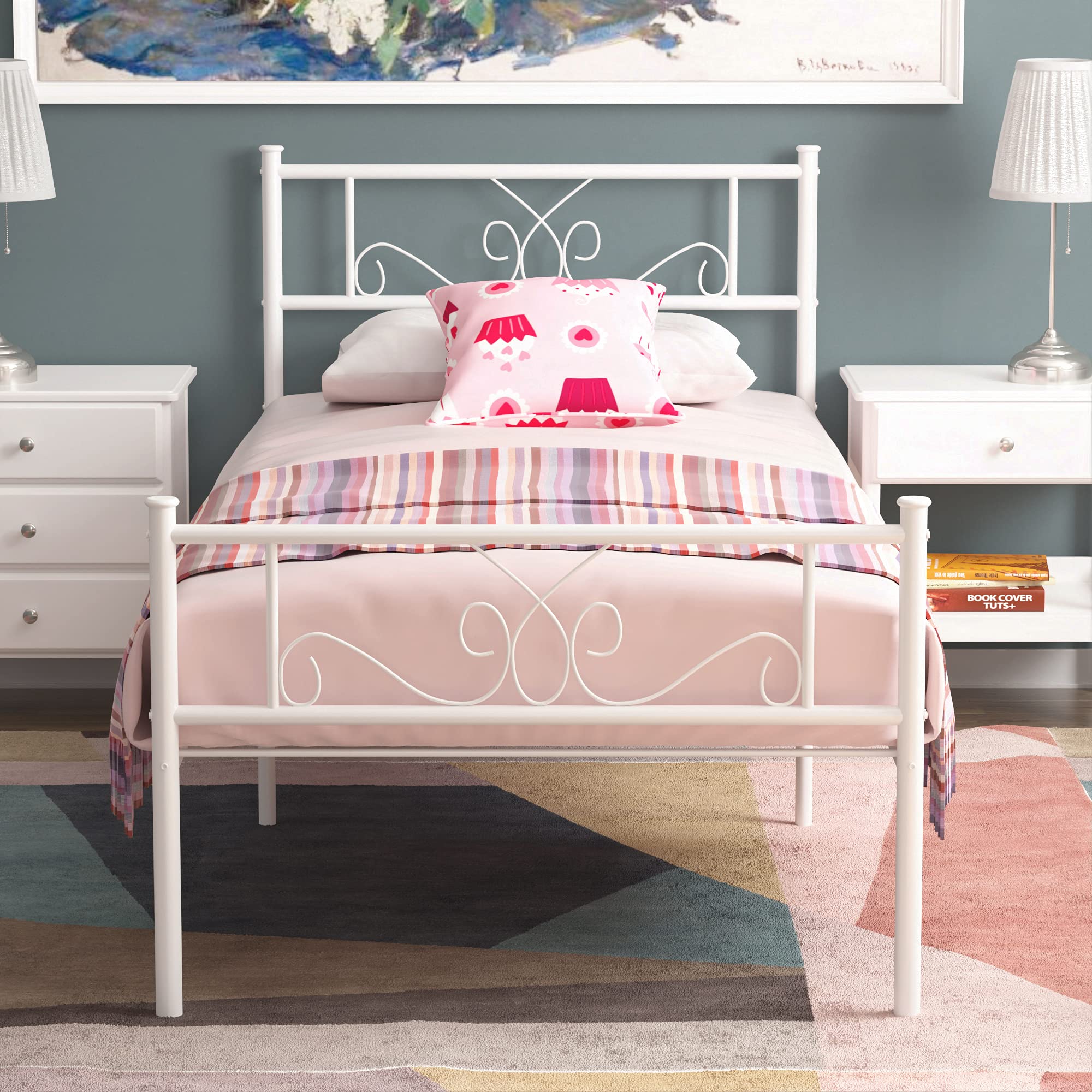 Weehom 12.7 Inch Twin Size Metal Bed Frame with Headboard Platform Bed Steel Slat Support Mattress Foundation Easy Assembly Whit