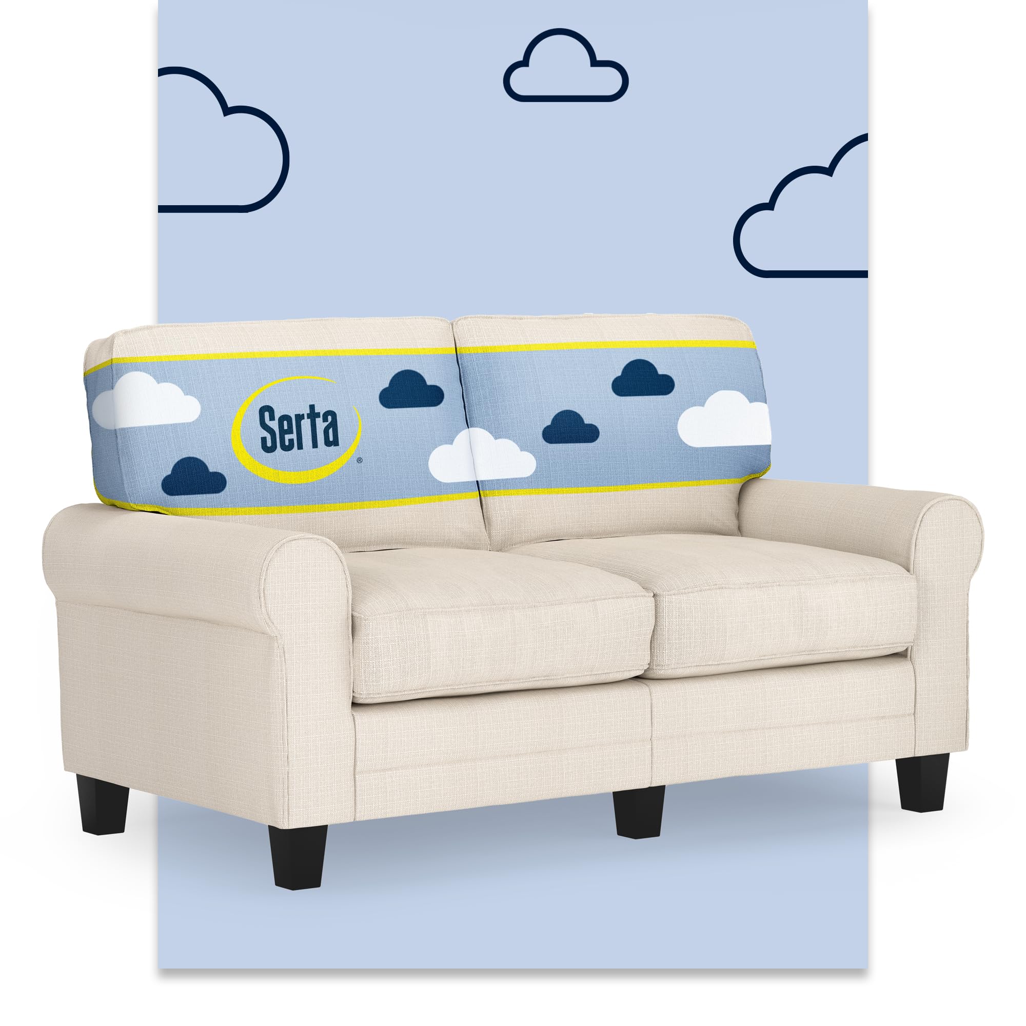 Serta Copenhagen 61 Rolled Arm Sofa, Easy Care Polyester, Soft Pillow Back, Pocket Coil Seat Cushions, Removable Covers, Lovesea