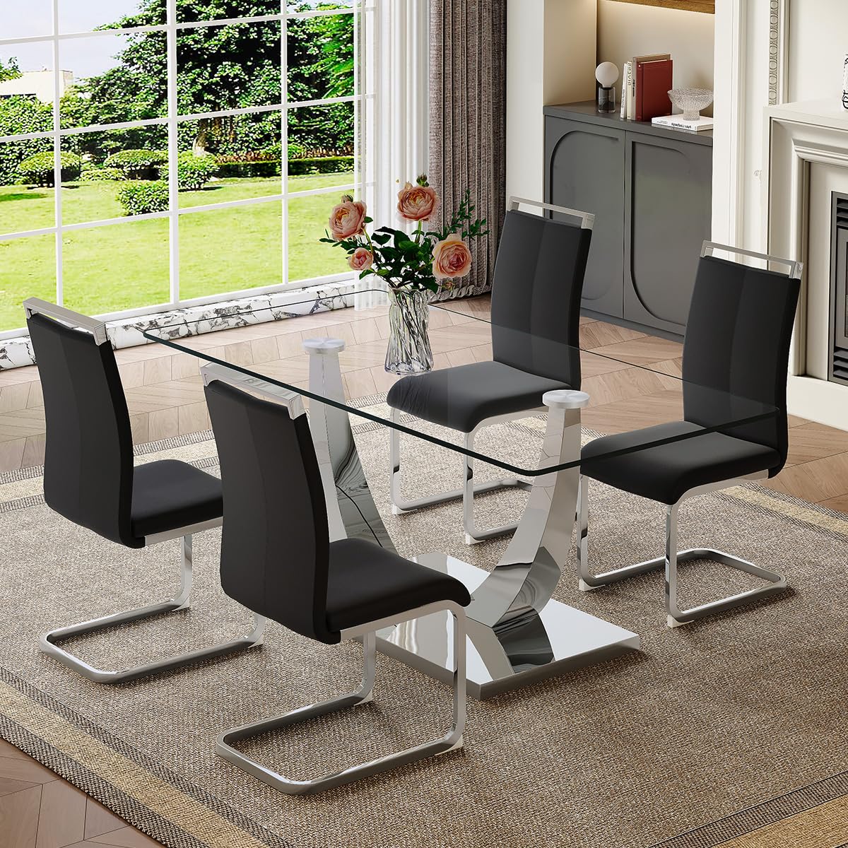 Glass Dining Table Set for 4, Dining Room Table with Stainless Steel Leg and Base, PU Chairs for 4, Rectangular Dining Room Tabl