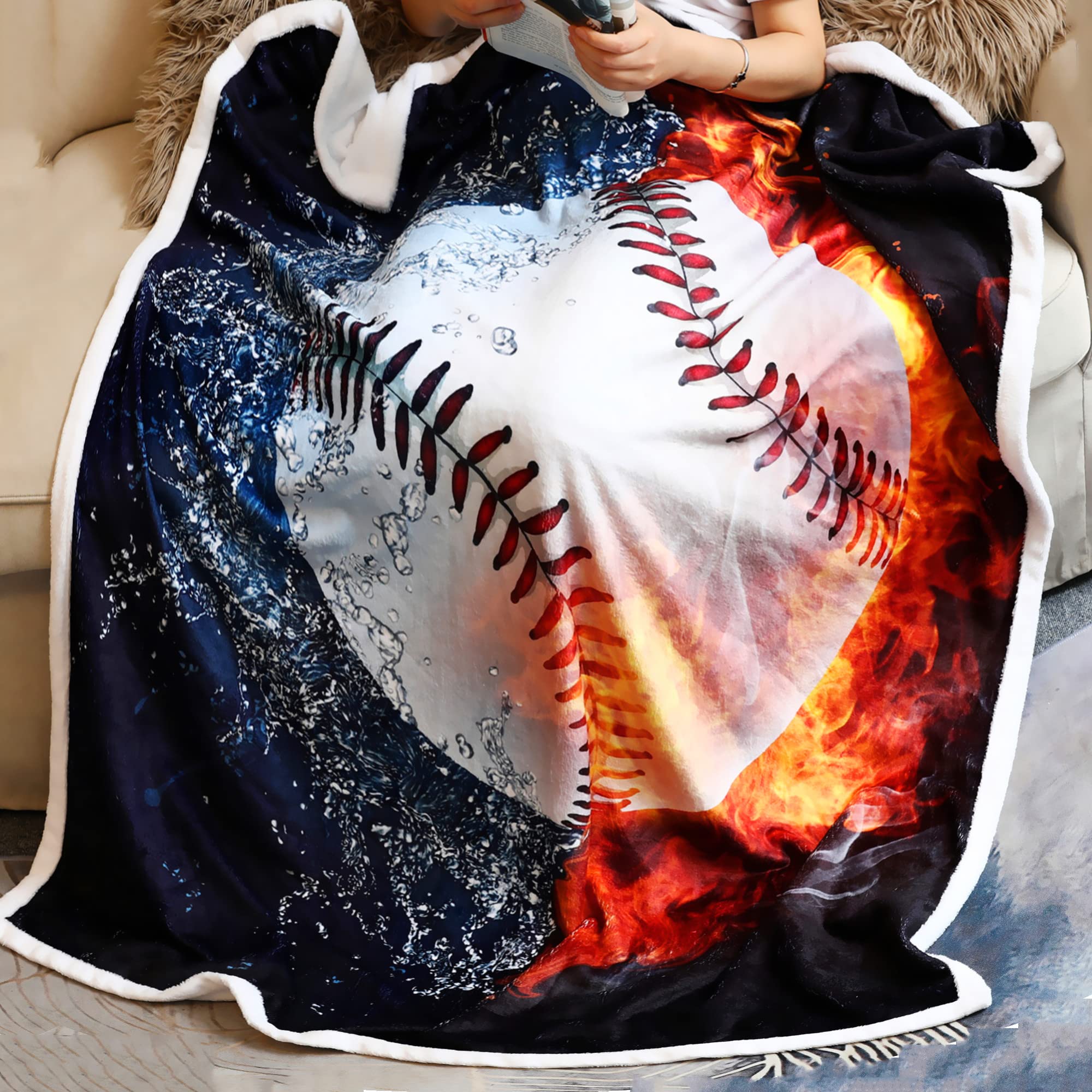 Sviuse Baseball Blanket 3D Print Baseball Throw Blanket Gifts for Boys White Ball in Fire and Water Soft Sport Throw for Kids an