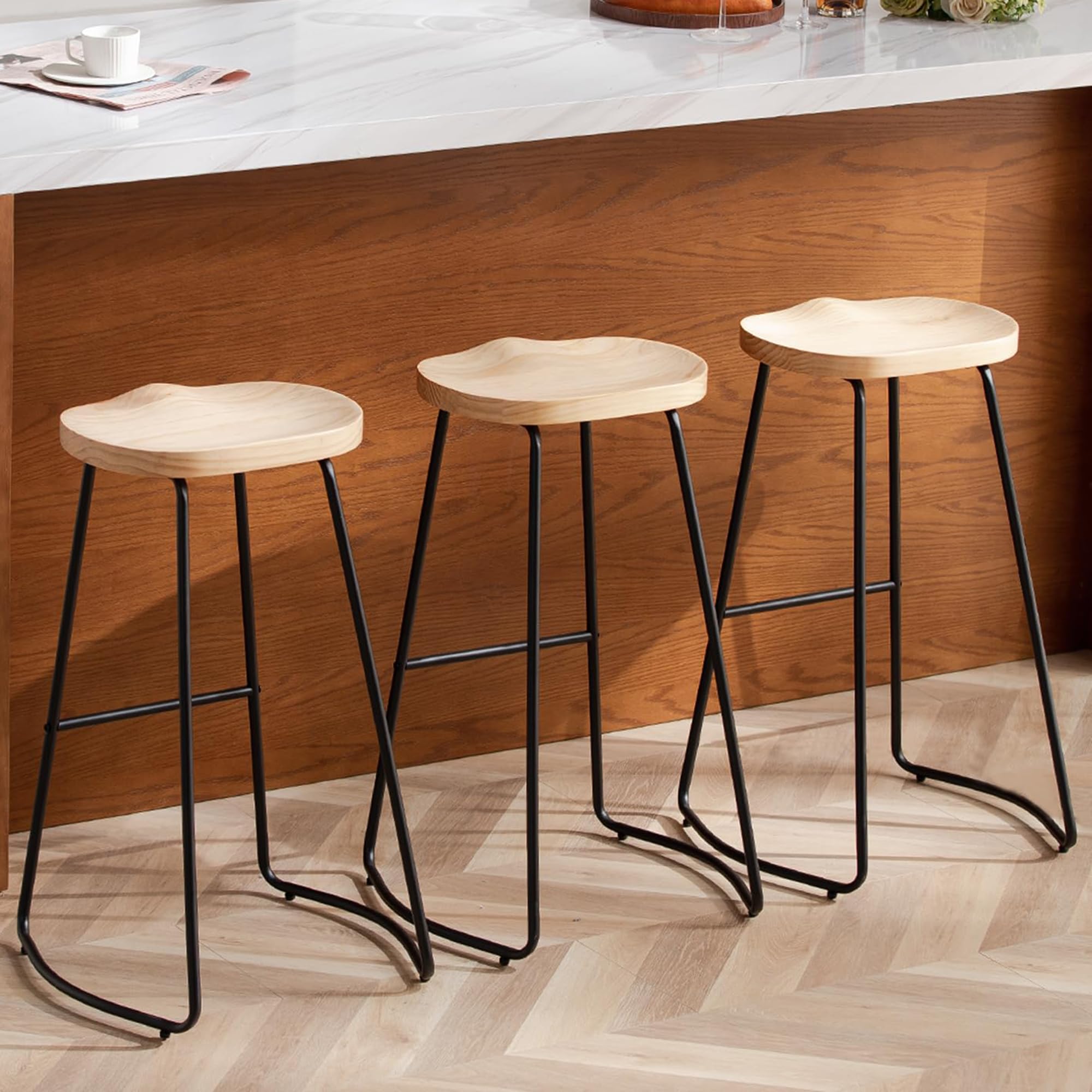 HeuGah 30 Inch Bar Stools Set of 3, Wooden Stool Counter Height Saddle Seat Bar Stools Backless Barstool for Kitchen Island Coun