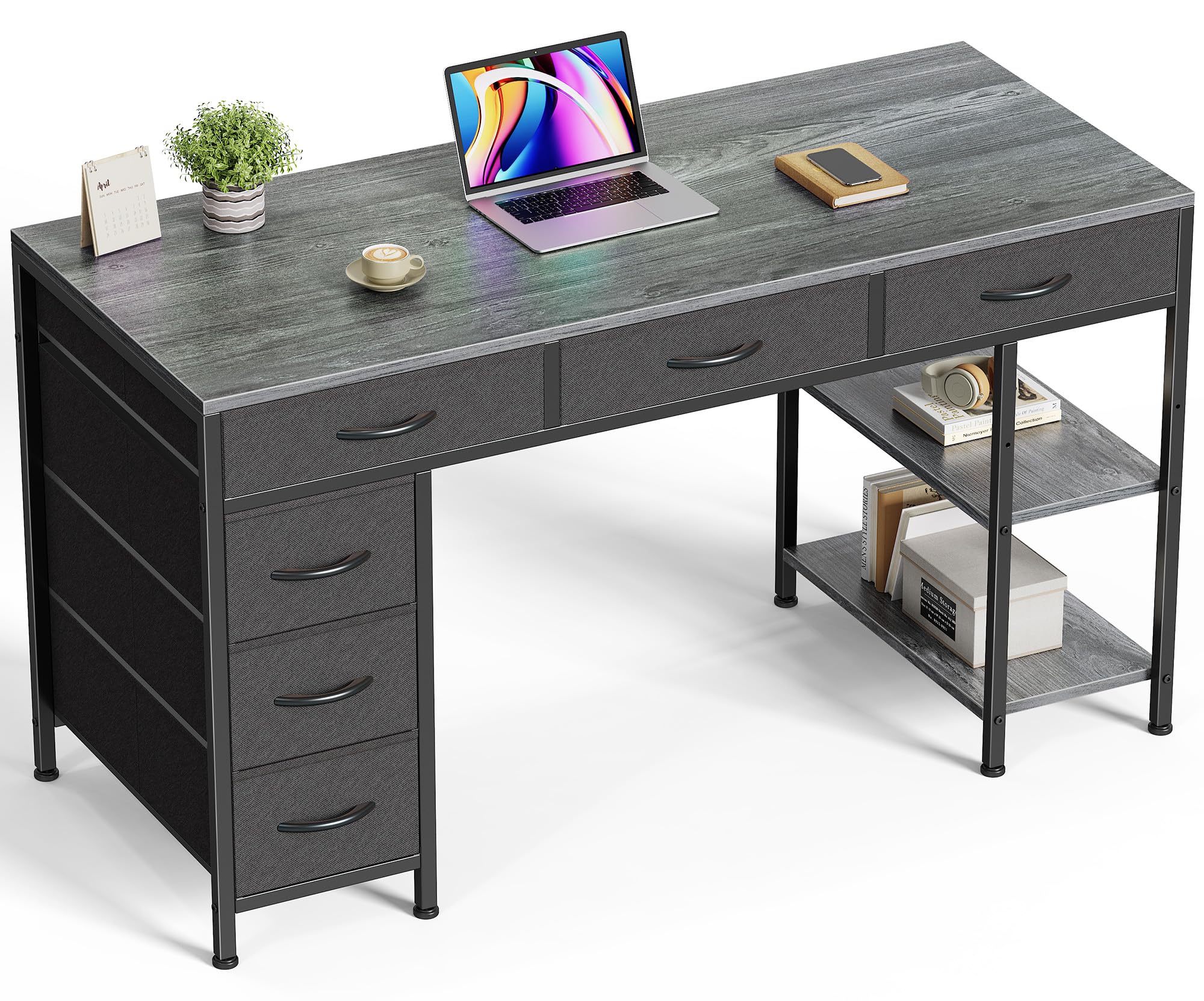 Huuger Computer Desk with 6 Drawers, 47 Inch Office Desk with Shelves, Reversible Gaming Desk, Corner Desk with Storage, for Hom