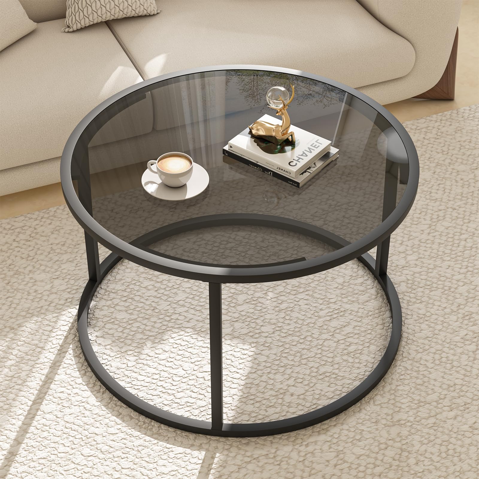 Glass Coffee Table Modern Center Table,Minimalist Round Coffee Tea Table,Tempered Glass-top with Sturdy Metal Frame for Living R