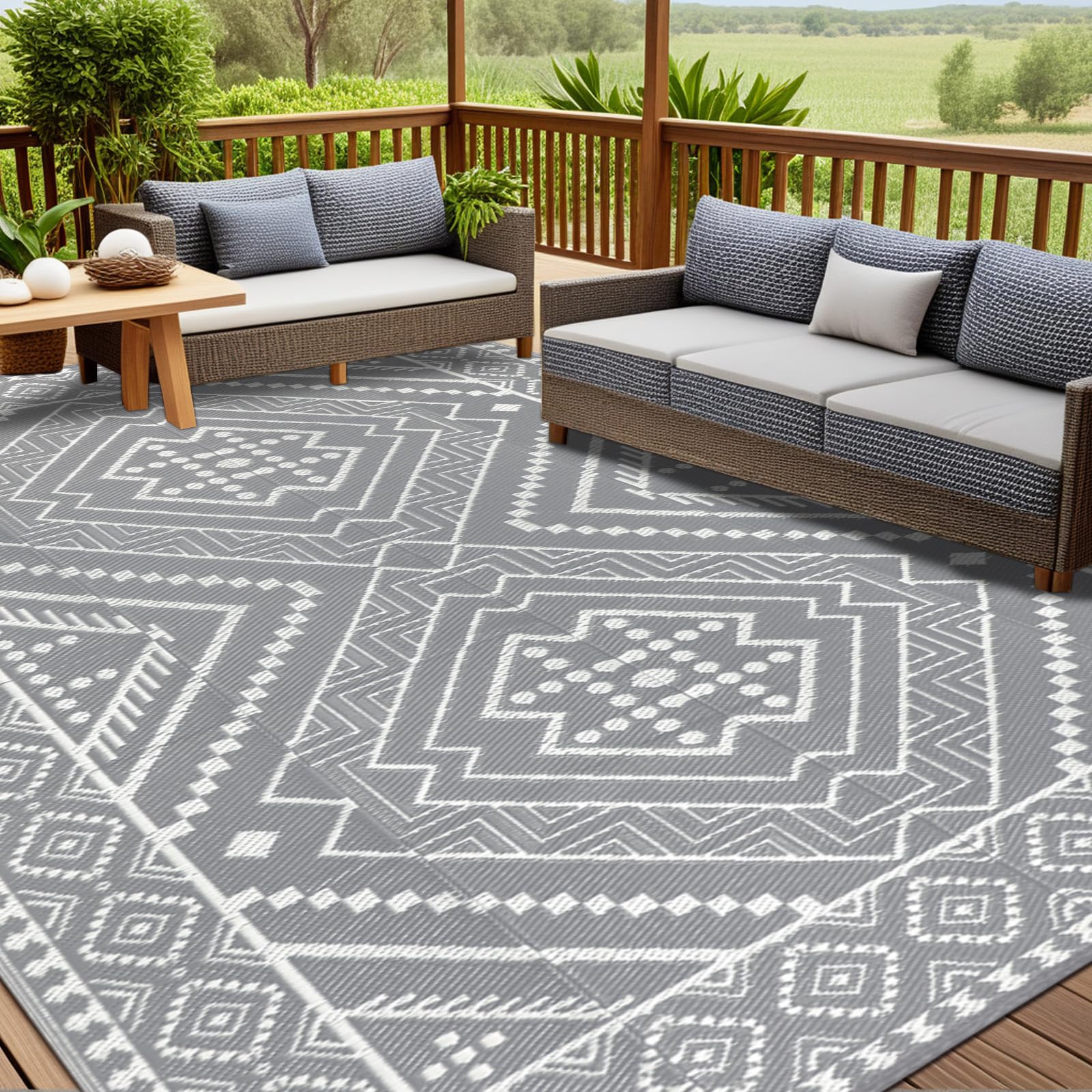 VSIWB Waterproof Outdoor Rug 9x12 ft, Reversible Plastic Straw Mat, Large Floor Mat for Patio, Camping, Picnic, Backyard RV, Dec