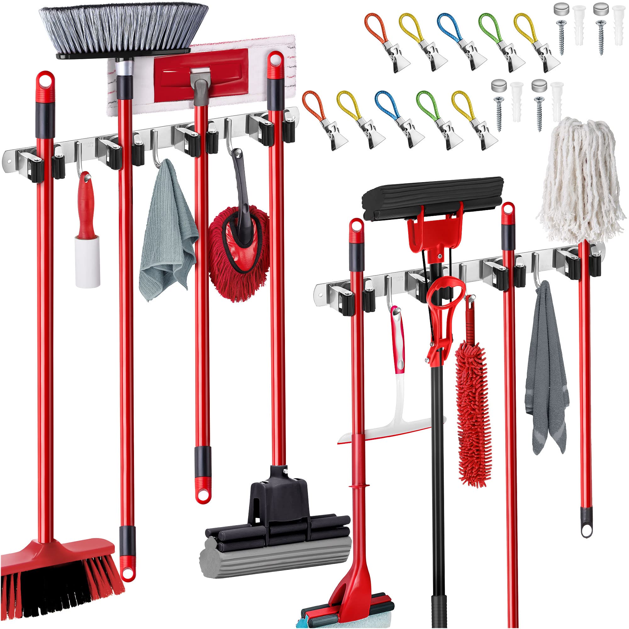 EFFEKTIVTOOLS 2 Pack Mop and Broom Holder Wall Mount - Self-Adhesive Stainless Steel broom hanger organizer - 4 Clamps, 3 Hooks 