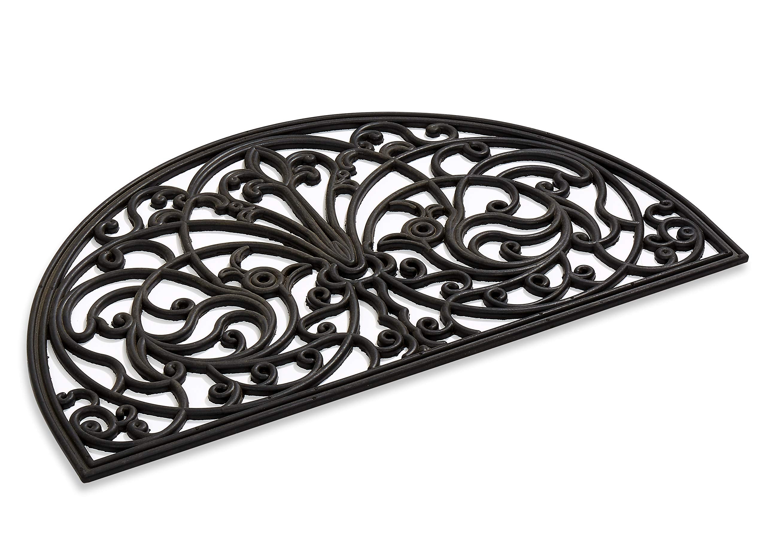 Rubber Scroll Doormat Half Moon Mat, Indoor Outdoor Entrance Mat, Low Clearance, Functional and Easy to Clean, Wrought Iron Scro