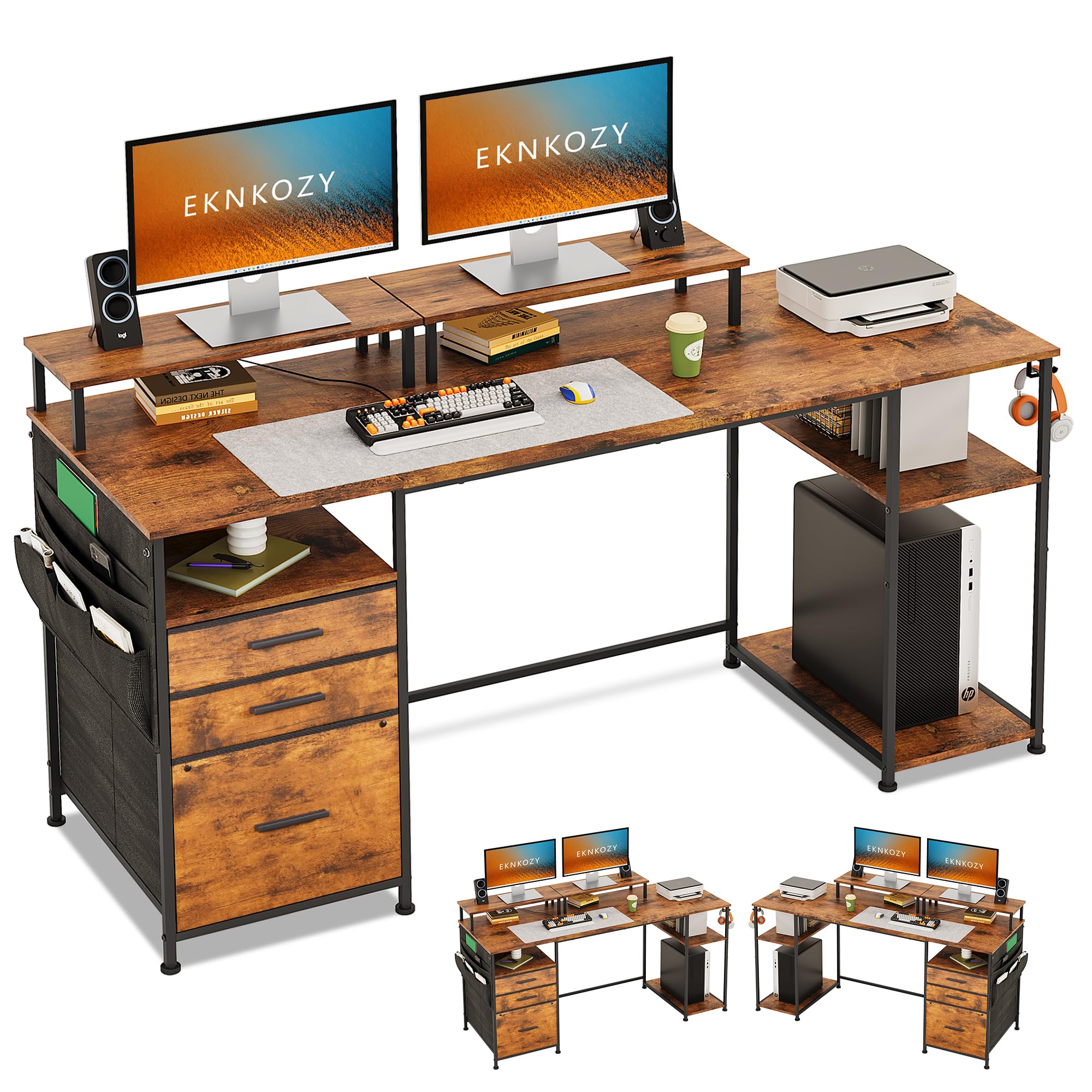 EKNKOZY Computer Desk with 3 File Cabinet Drawers, 57.8 Reversible Gaming Desk, Office Desk with Storage Shelves and Dual Moni