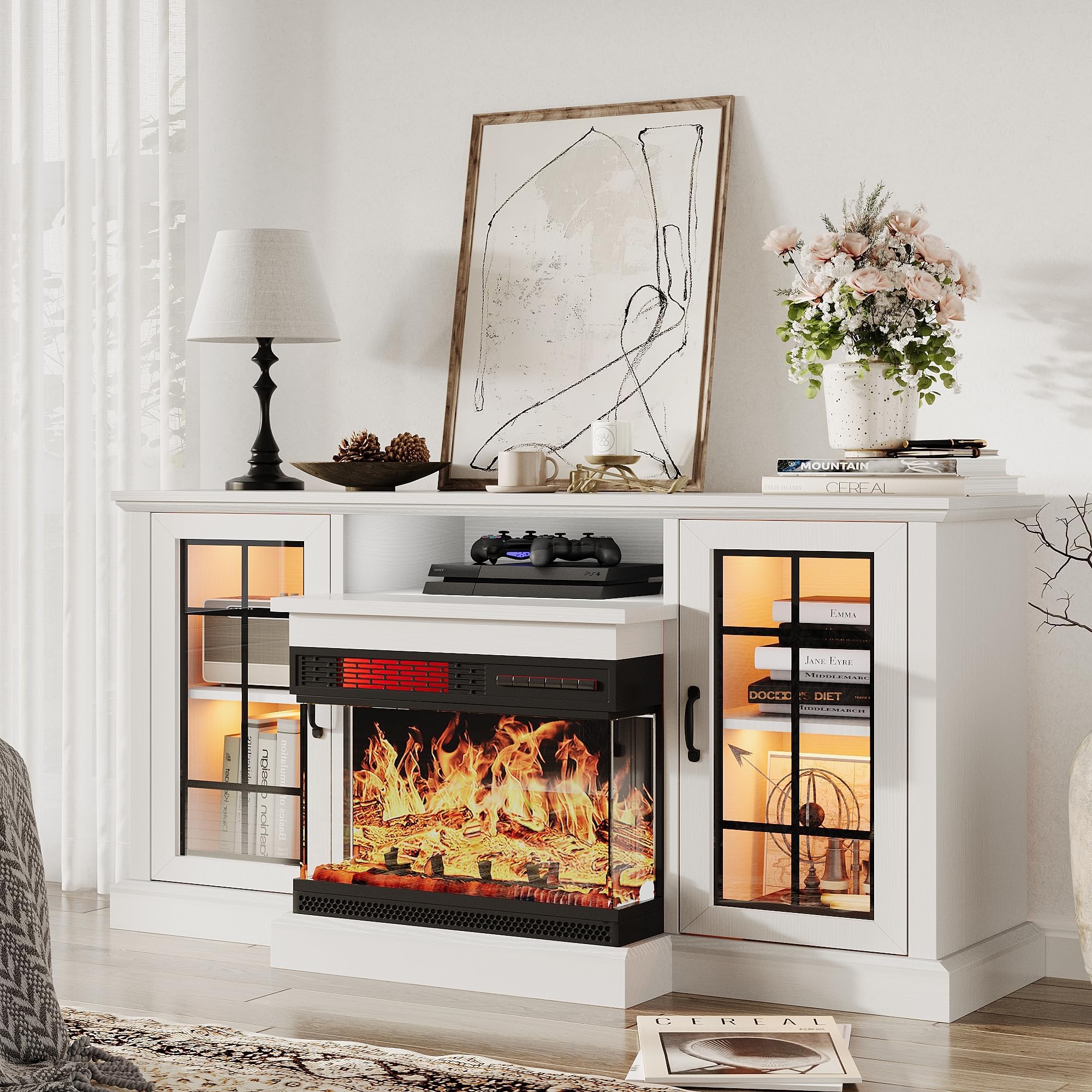 oneinmil 59 Fireplace TV Stand, 3 Sided Glass Media Entertainment Center Console Table for TVs up to 65 with Glass Door Adju