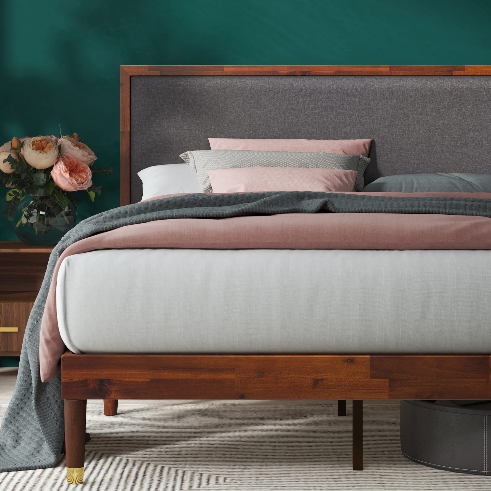ZINUS Raymond Wood Platform Bed Frame with Adjustable Upholstered Headboard, Solid Wood Foundation, Wood Slat Support, No Box Sp