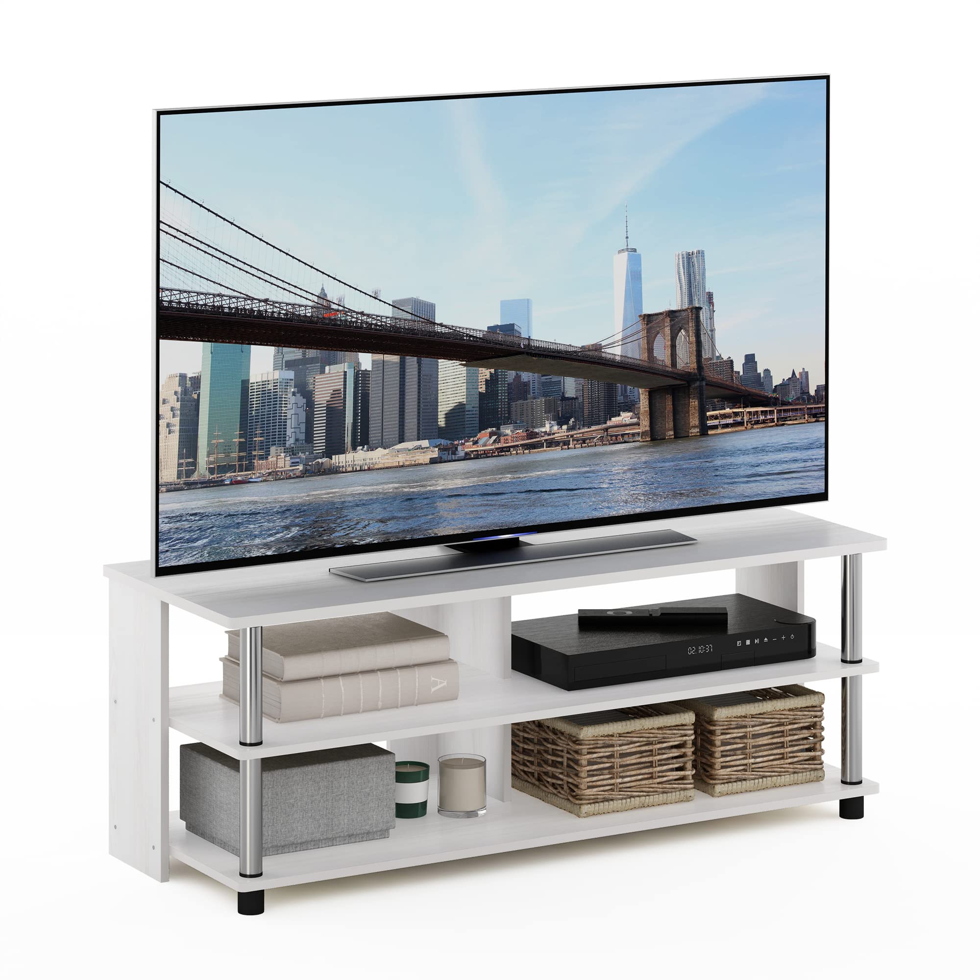 Furinno Sully 3-Tier Stand for TV up to 48 Inch, White Oak/Chrome