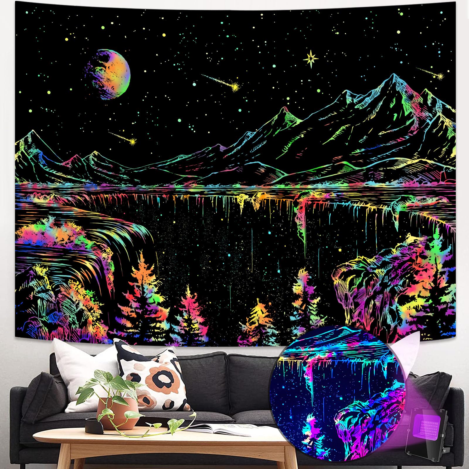 Zussun Blacklight Mountain Tapestry Starry Night Tapestries for Bedroom Aesthetic Moon and Stars Tapastry Wall Hanging Glow in T