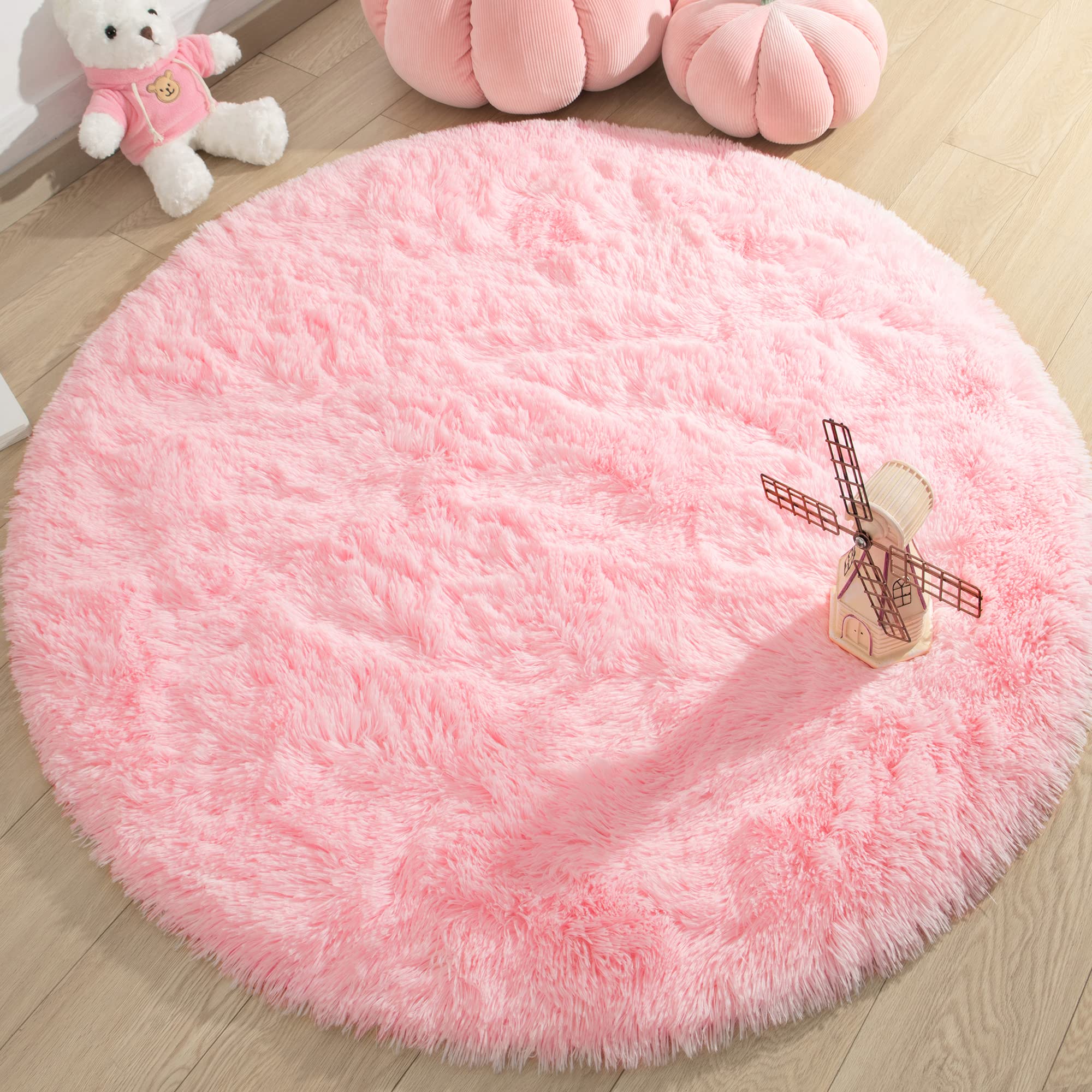 KIXINWA Pink Round Rug, 4X4 Feet Fluffy Circle Area Rug for Kids Room Bedroom Living Room Home Decor, Super Soft Cute Non Slip C