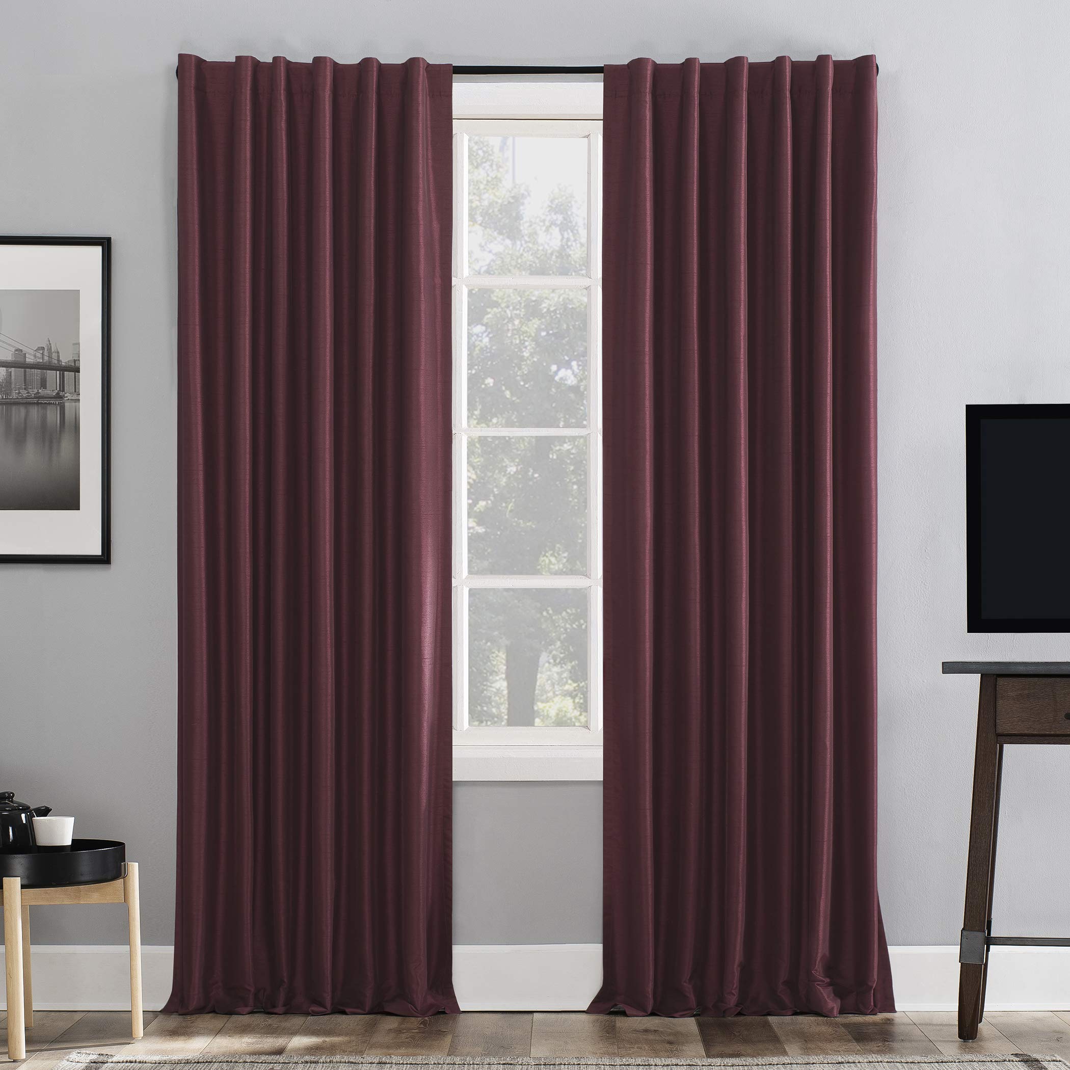 Sun Zero Greyson Faux Dupioni Silk Thermal Extreme Total Blackout Back Tab Curtain Panel, 50 x 63, Bordeaux Red