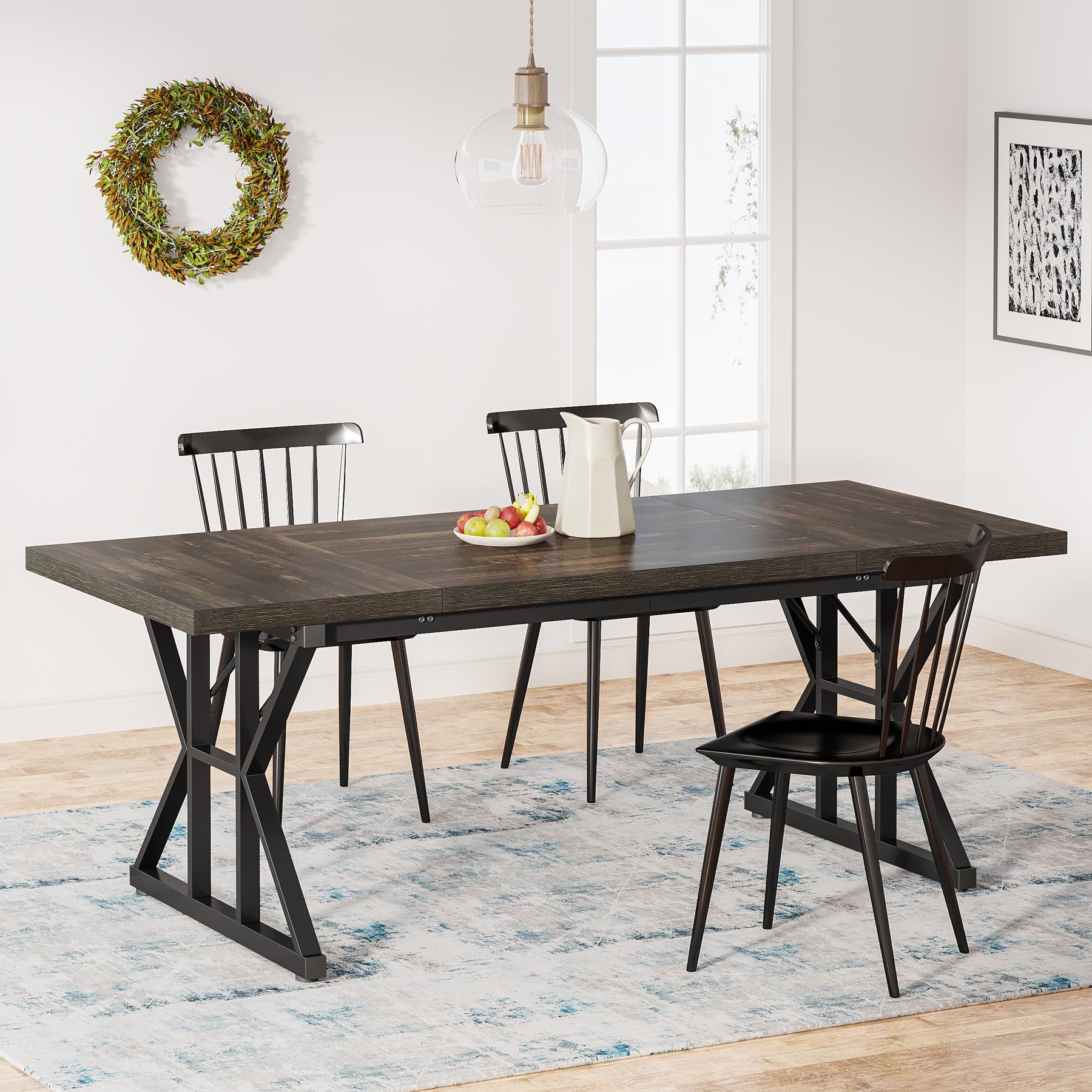 Tribesigns Farmhouse Dining Table for 6 People, 70.8-Inch Rectangular Wood Dining Table, Rustic Kitchen Table with Heavy Duty Me