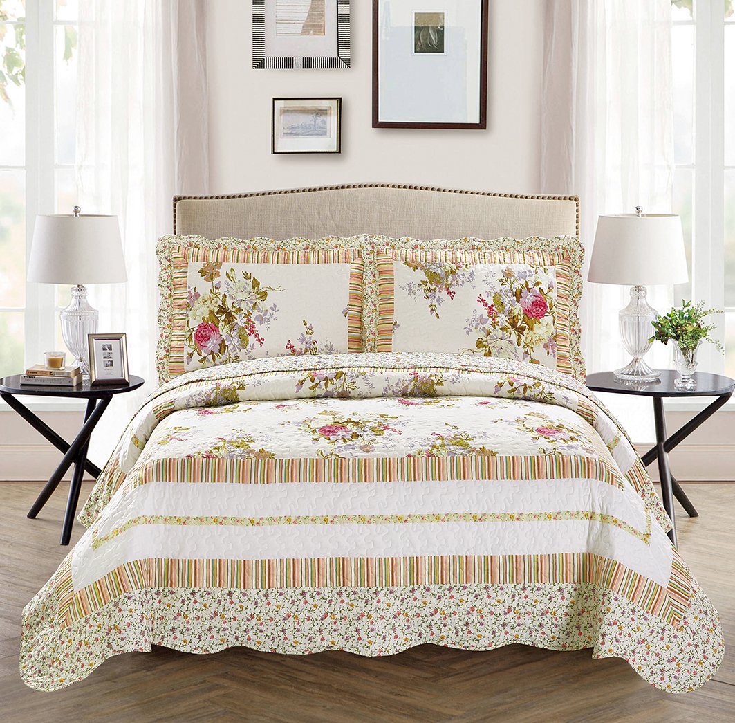 Fancy Linen 3pc Bedspread Bed Cover King/California King, Off White Floral New