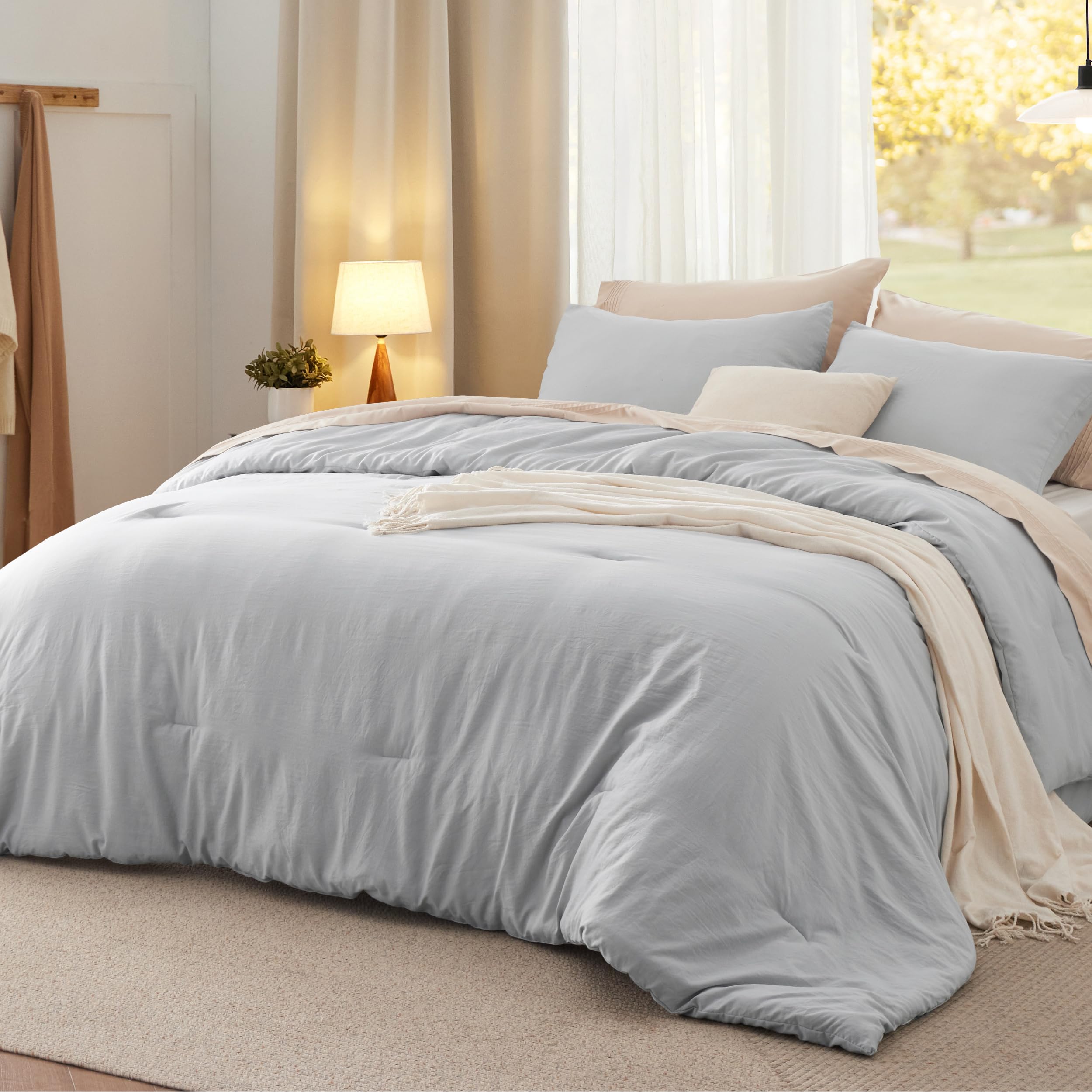 Bedsure California King Comforter Set, Light Grey Soft Prewashed Bedding for All Seasons, 3 Pieces GentleSoftDown Alternative Be