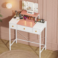 HIGDBFE Makeup Vanity Desk with Mirror and Lights, Small Vanity Table with Height-Adjustable Stand, 3 Fabric Drawers Vanity Desk