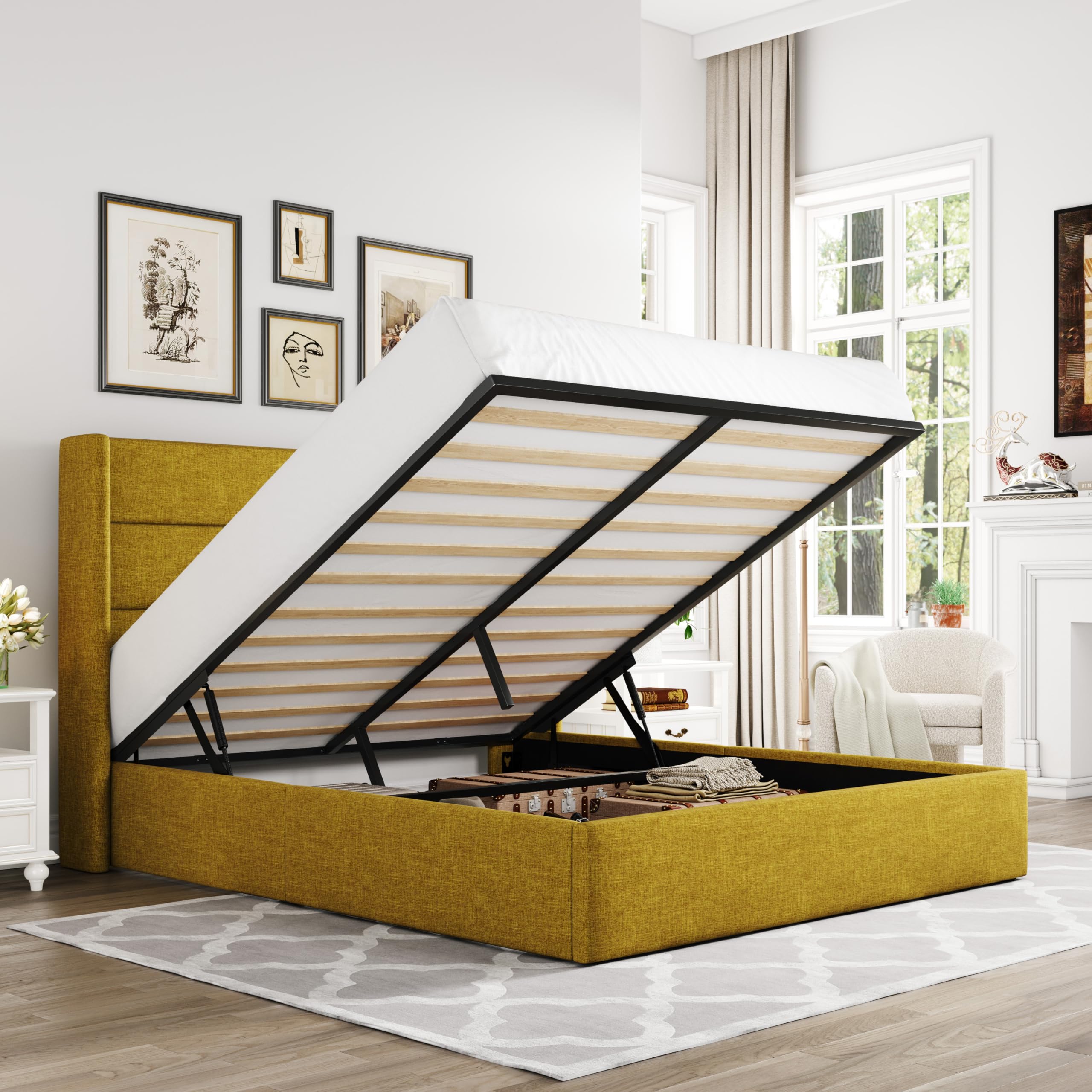 Allewie Full Size Lift Up Storage Bed, Modern Wingback Headboard, No Box Spring Needed, Hydraulic Storage, Olive Yellow