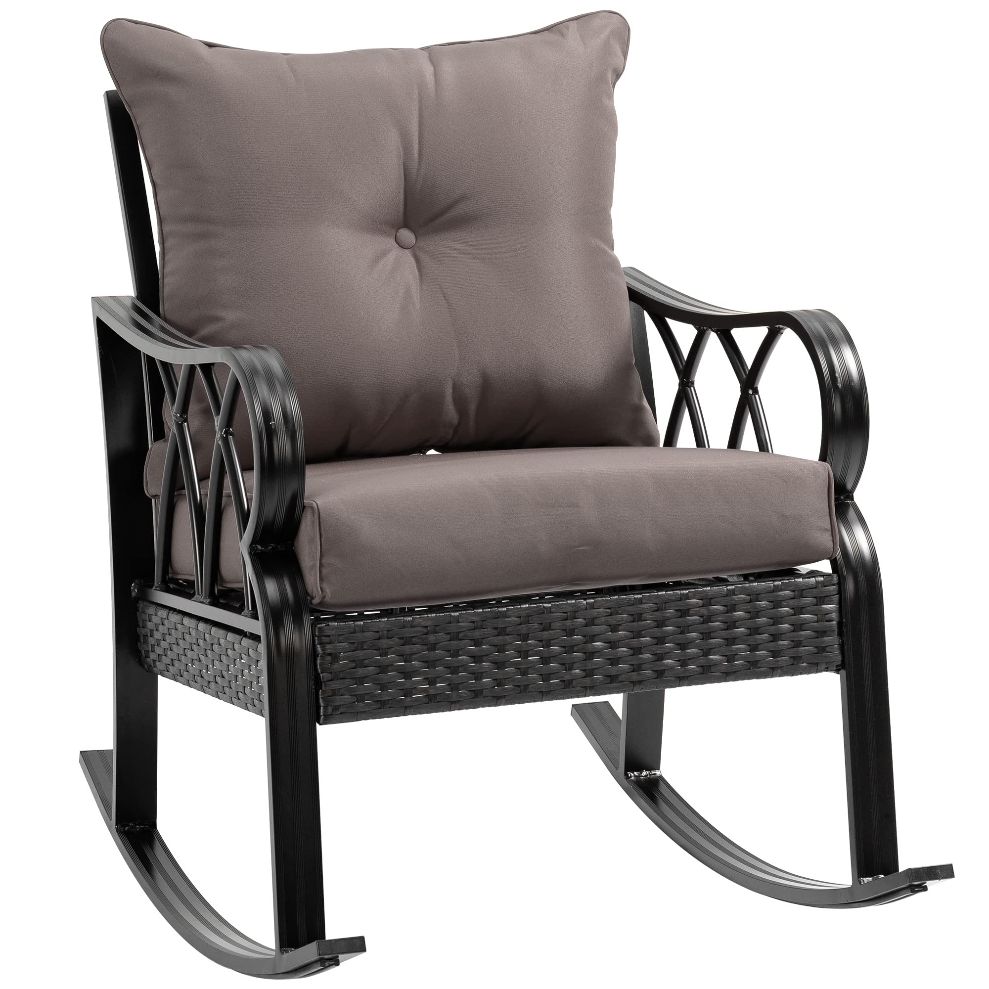 Outsunny Outdoor Wicker Rocking Chair with Padded Cushions, Aluminum Furniture Rattan Porch Rocker Chair w/Armrest for Garden, P