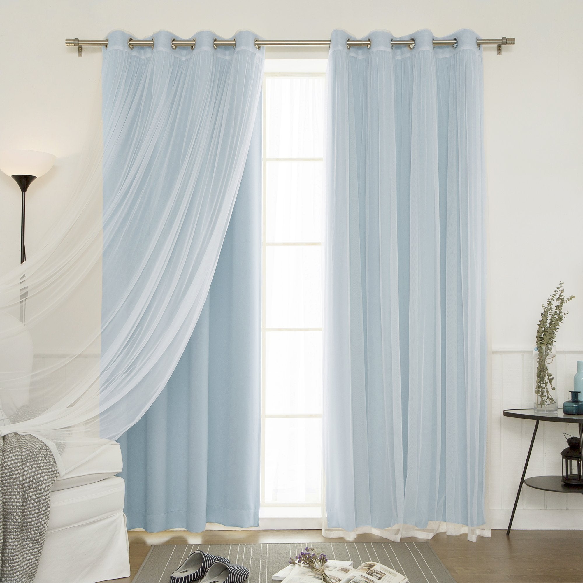 Best Home Fashion uMIXm Mix and Match Tulle Sheer Lace and Blackout 4 Piece Curtain Set - Stainless Steel Nickel Grommet Top - 2