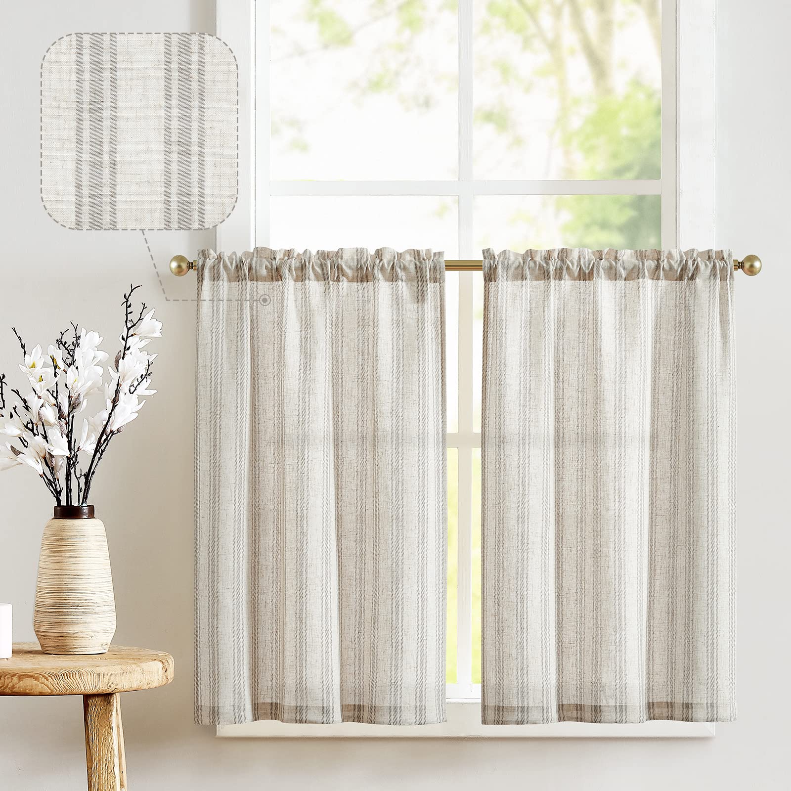 JINCHAN Linen Kitchen Curtains Taupe Gray Striped Tier Curtains 36 Inch Cafe Curtains Farmhouse Small Curtains Balanced Stripe K