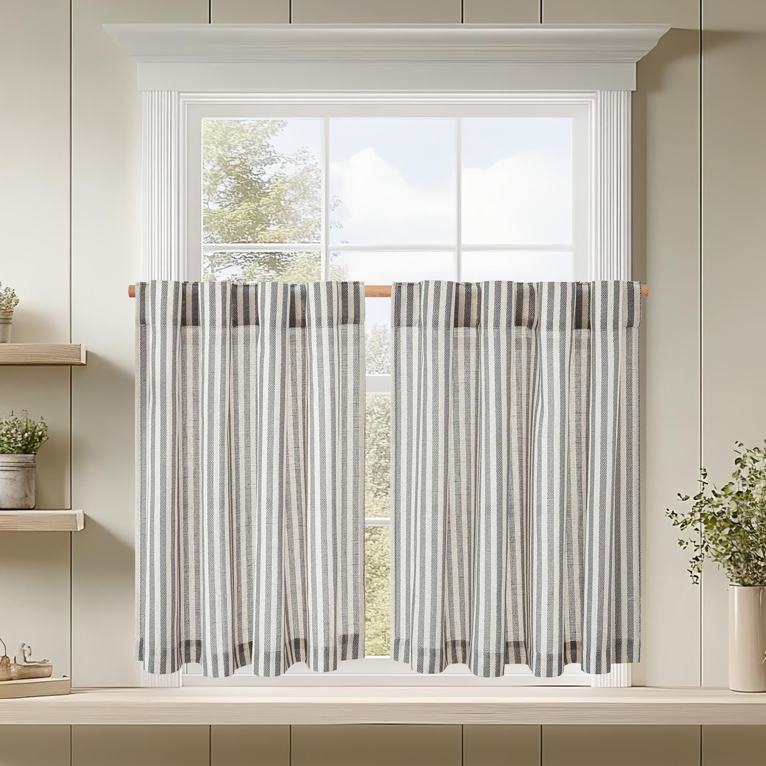 jinchan Linen Kitchen Striped Tier Curtains Ticking Stripe Farmhouse Pinstripe Cafe 36 Inch for Living Room Bathroom Small Windo