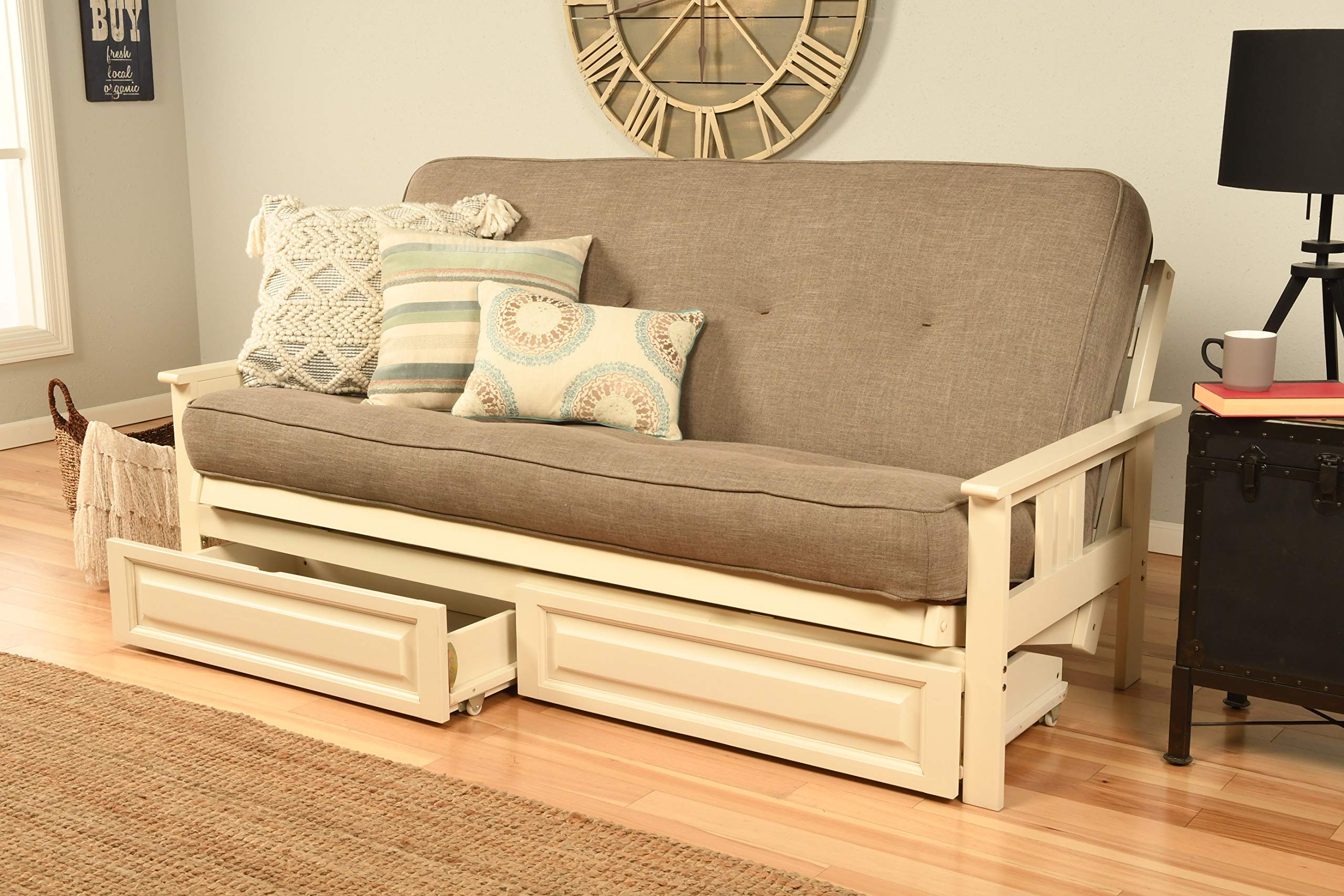 Kodiak Furniture Monterey Futon Set with Storage Drawers, with Antique White Base and Linen Stone Mattress