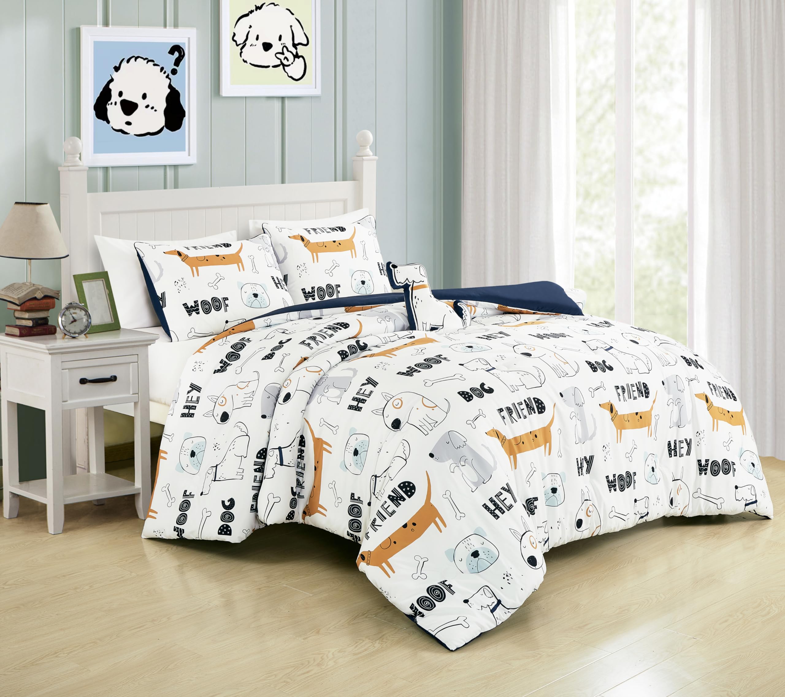 Chezmoi Collection 4-Piece Cartoon Dogs Kids Bedding Set Full/Queen Size - Black White Brown Gray Soft Microfiber Comforter Set 