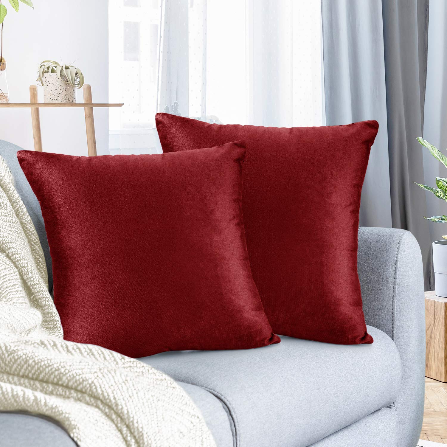 Nestl Throw Pillow Covers, Cozy Velvet Decorative Red Pillow Covers 20 x 20 Inches, Soft Solid Couch Pillow Covers for Sofa, Bed