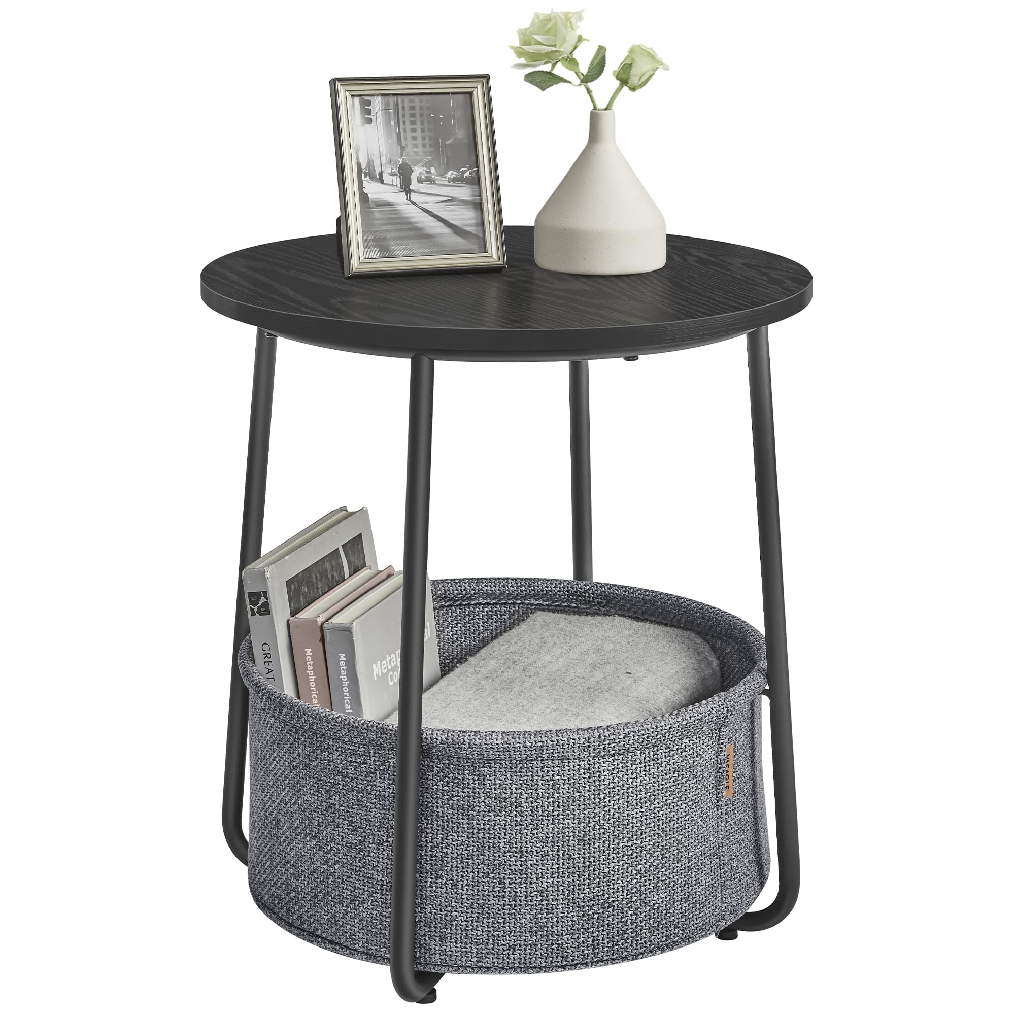 VASAGLE End Table, Small Bedside Table with Fabric Basket, Modern Nightstand, Round Side Table, for Living Room, Bedroom, Ebony 