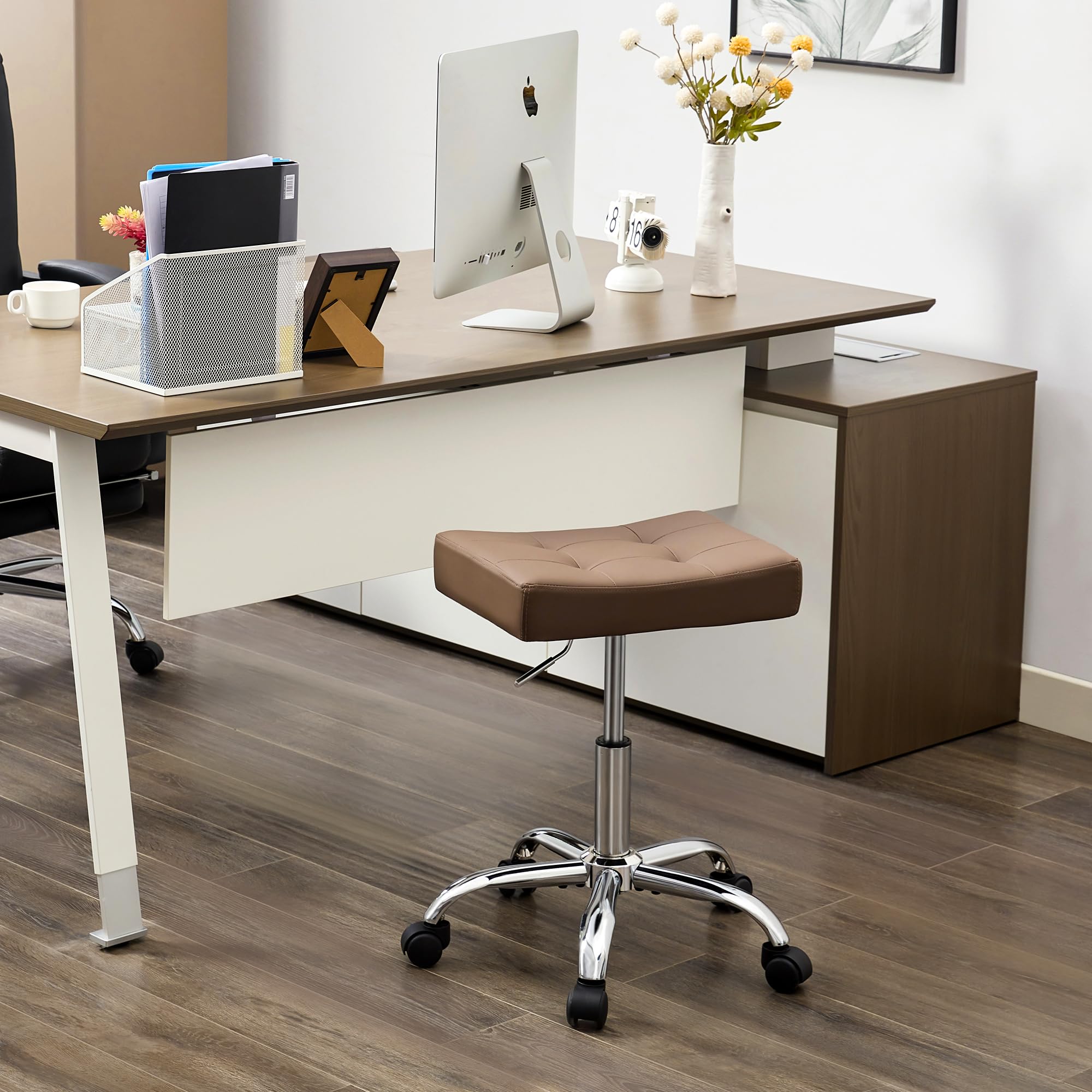 FIRAVOE Ergonomic Desk Stool with Wheels (Adjustable Height 17-21) (300lbs Capacity) Faux Leather Office Stool (Coffee Brown)