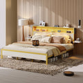Bestier King Size Bed Frame with Headboard and Foldable Bedside Shelves Storage, LED Platform Bed Frame with Charging Station, N