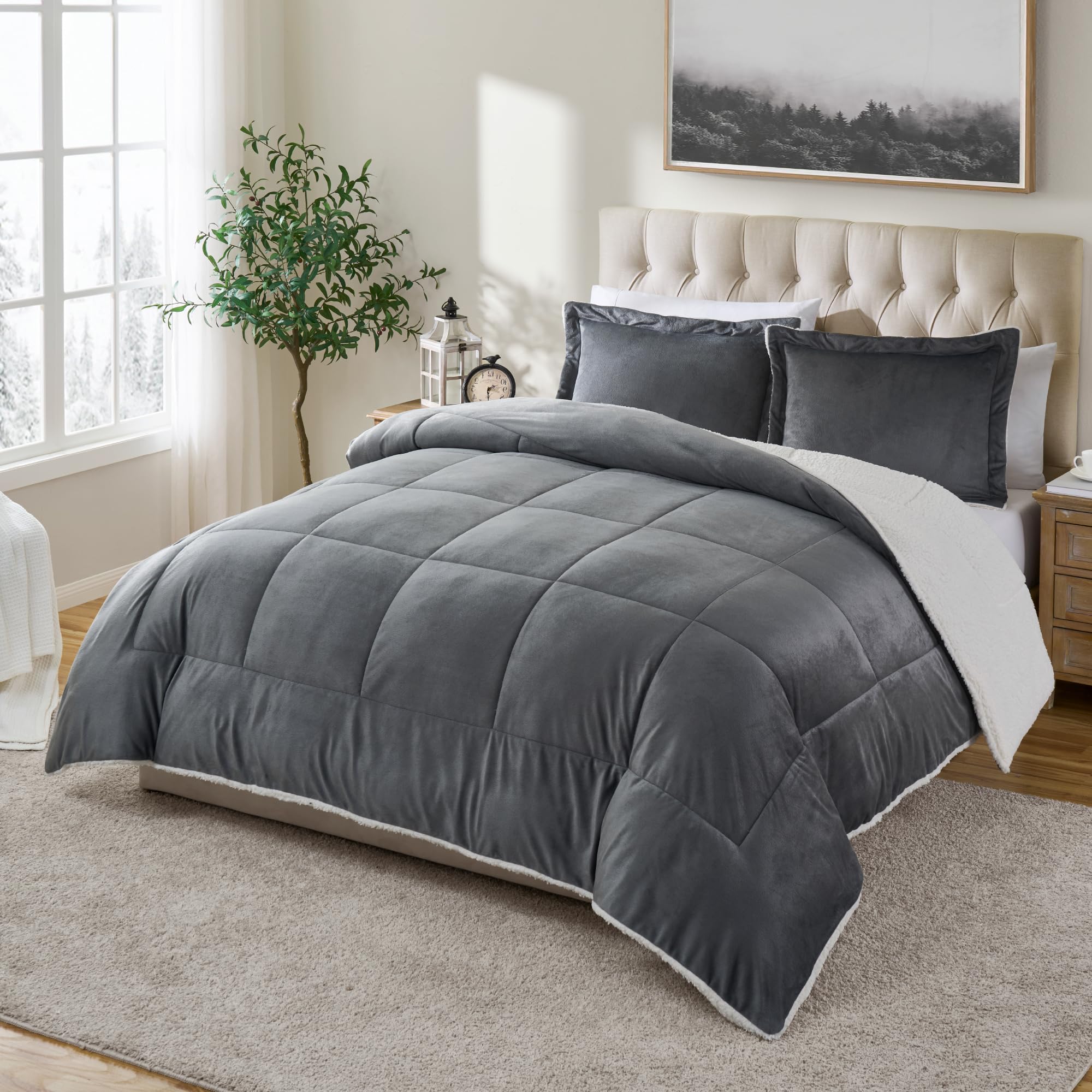 Cathay Home King Comforter Set: Ultra Soft and Plush Reversible Micromink and Sherpa 3-Piece Bedding Set, Pewter, King (102 x 90