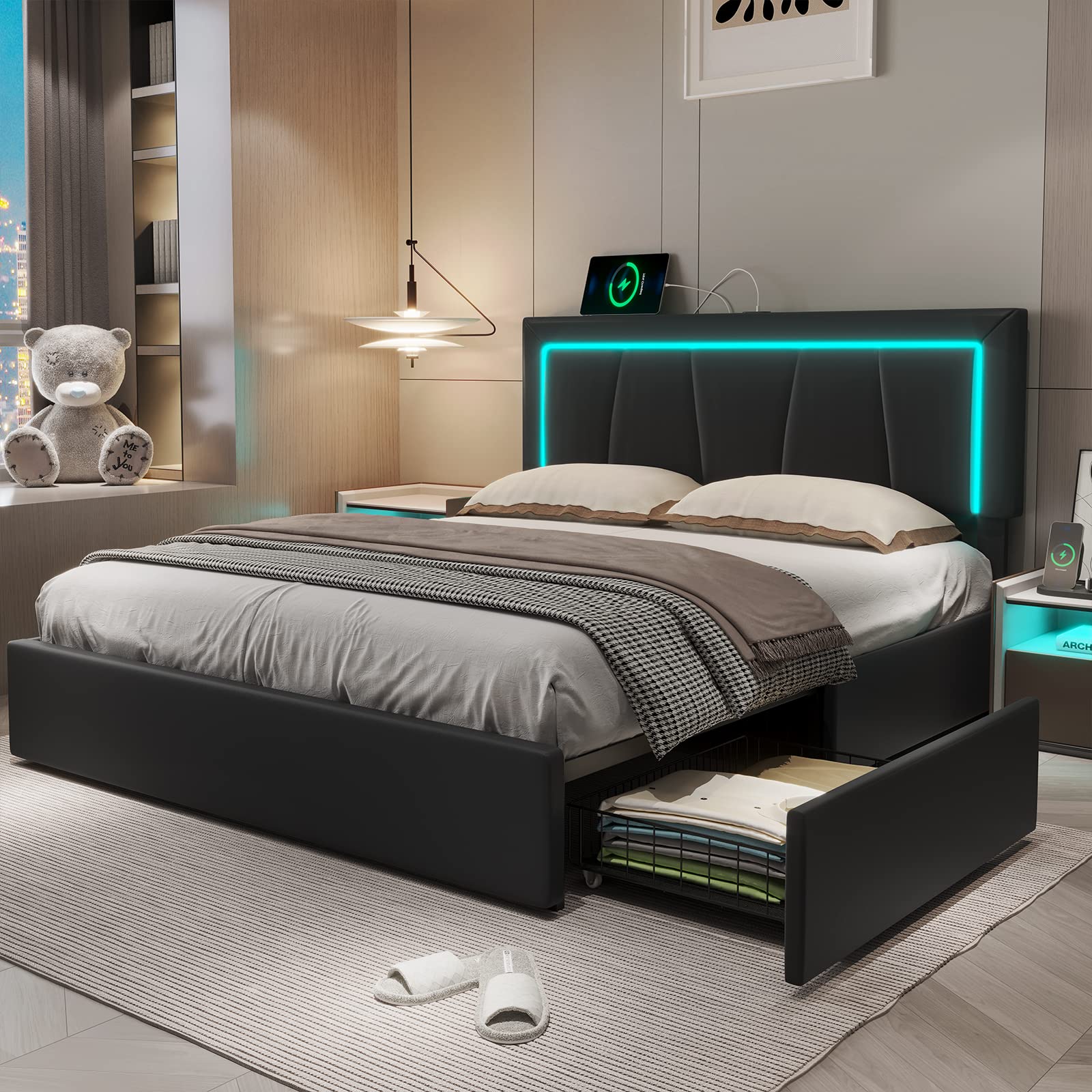 Hasuit Full Bed Frame with 4 Storage Drawers Underneath, Upholstered Platform Bed Full Size with Artificial Leather Headboard, M