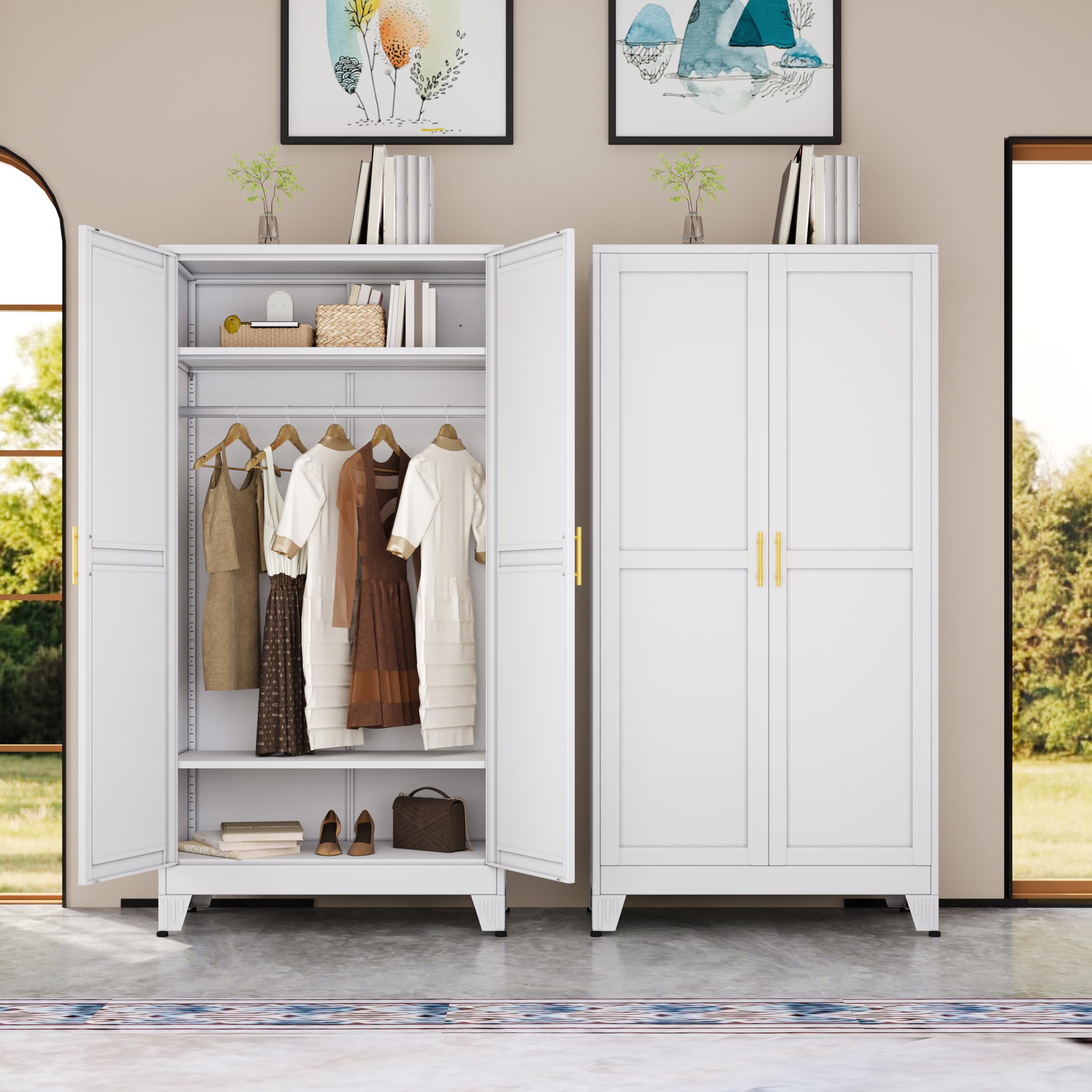 erosoei 71  Metal Armoire Wardrobe Closet, Steel Clothing Storage Cabinet with Adjustable Shelves and Hanging Rod, Household Ste