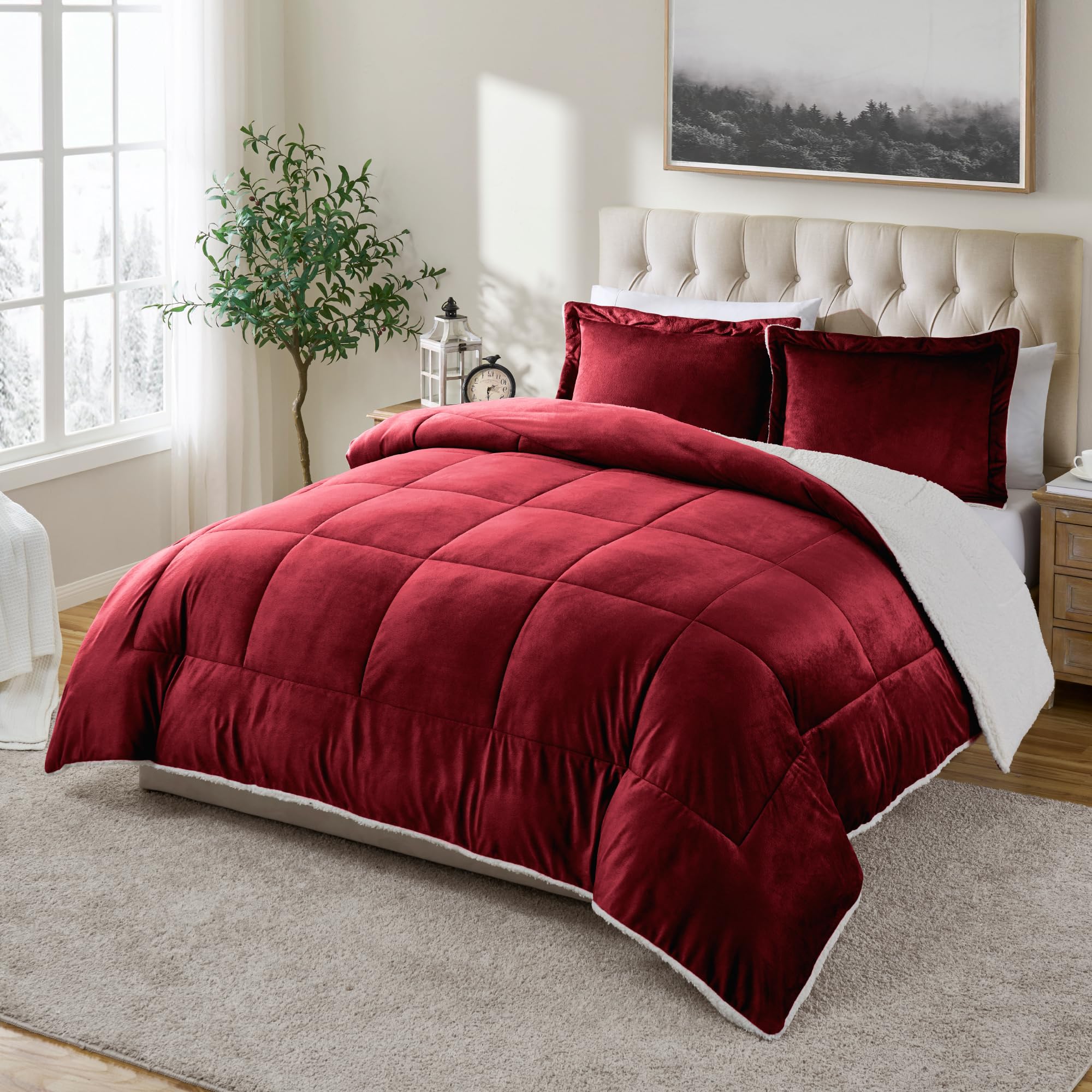Cathay Home King Comforter Set: Ultra Soft and Plush Reversible Micromink and Sherpa 3-Piece Bedding Set, Burgundy, King (102 x 