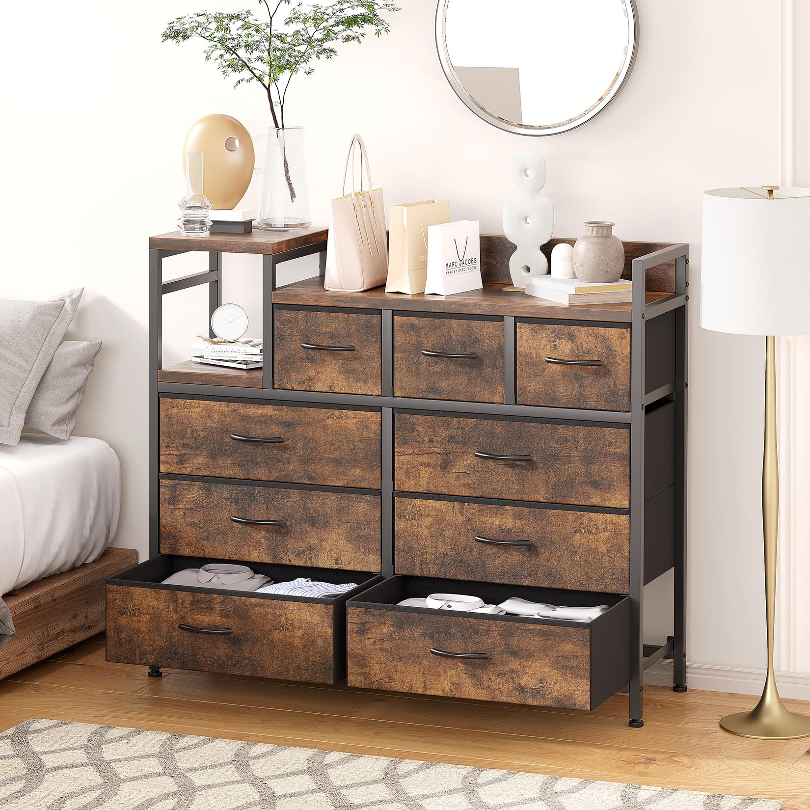 Jojoka TV Stand with Charging Station, Bedroom Dresser for Living Room TV Stand with 9 Drawers, Vintage
