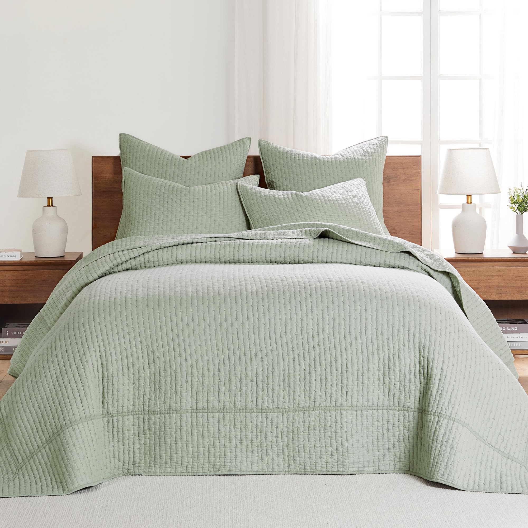 Levtex Home - Cross Stitch Desert Sage Bedspread Set - Twin Quilted Bedspread and One Standard Sham - Cross Stitch Pattern - Bed