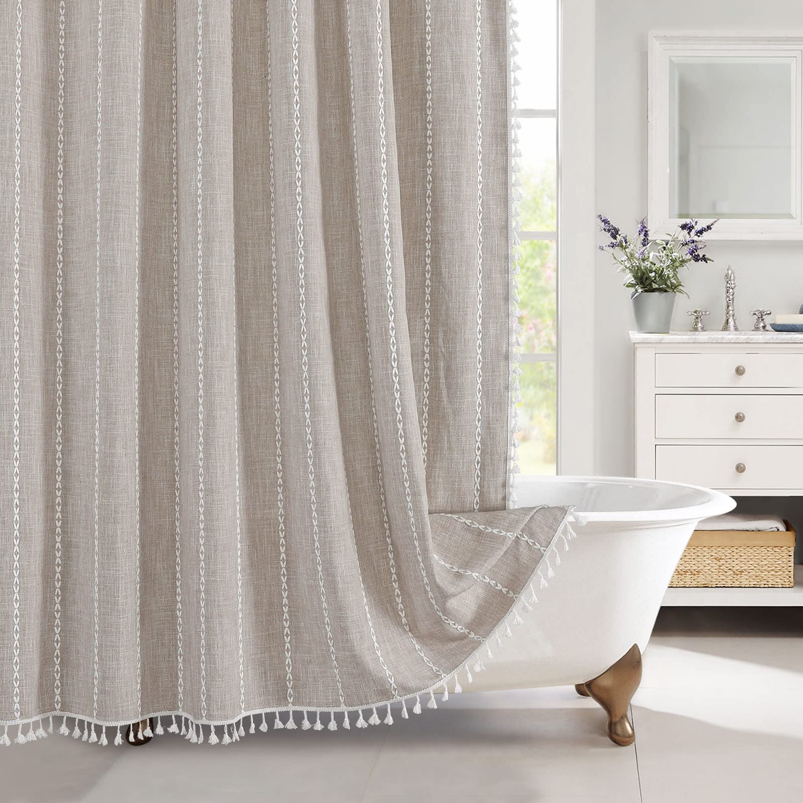 MitoVilla Boho Long Shower Curtain 72 x 78, Farmhouse 78 inch Long Cotton Linen Fabric Shower Curtains with Tassel for Chic Cott