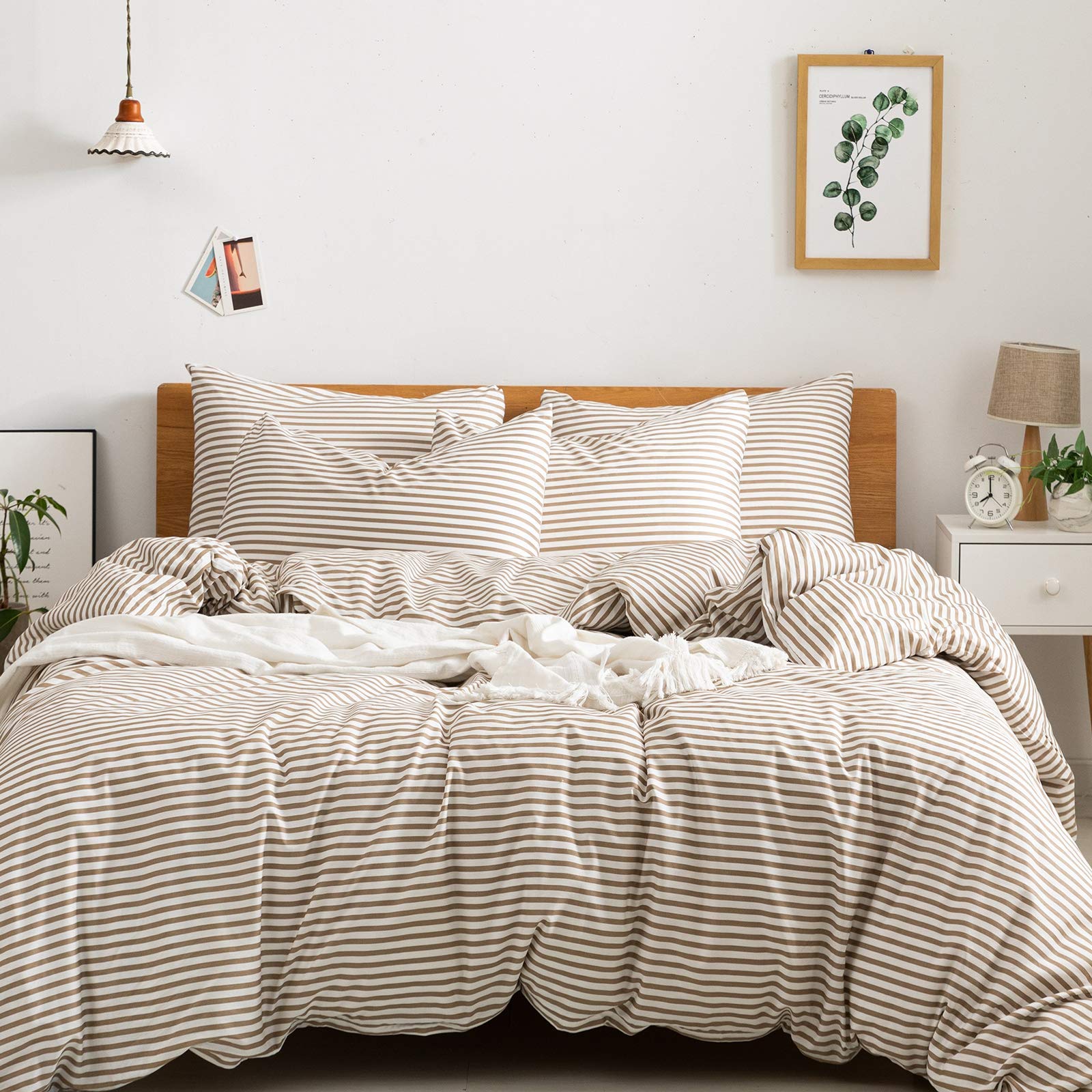 JELLYMONI 100% Natural Cotton 3pcs Striped Duvet Cover Sets,White Duvet Cover with Khaki Stripes Pattern Printed Comforter Cover