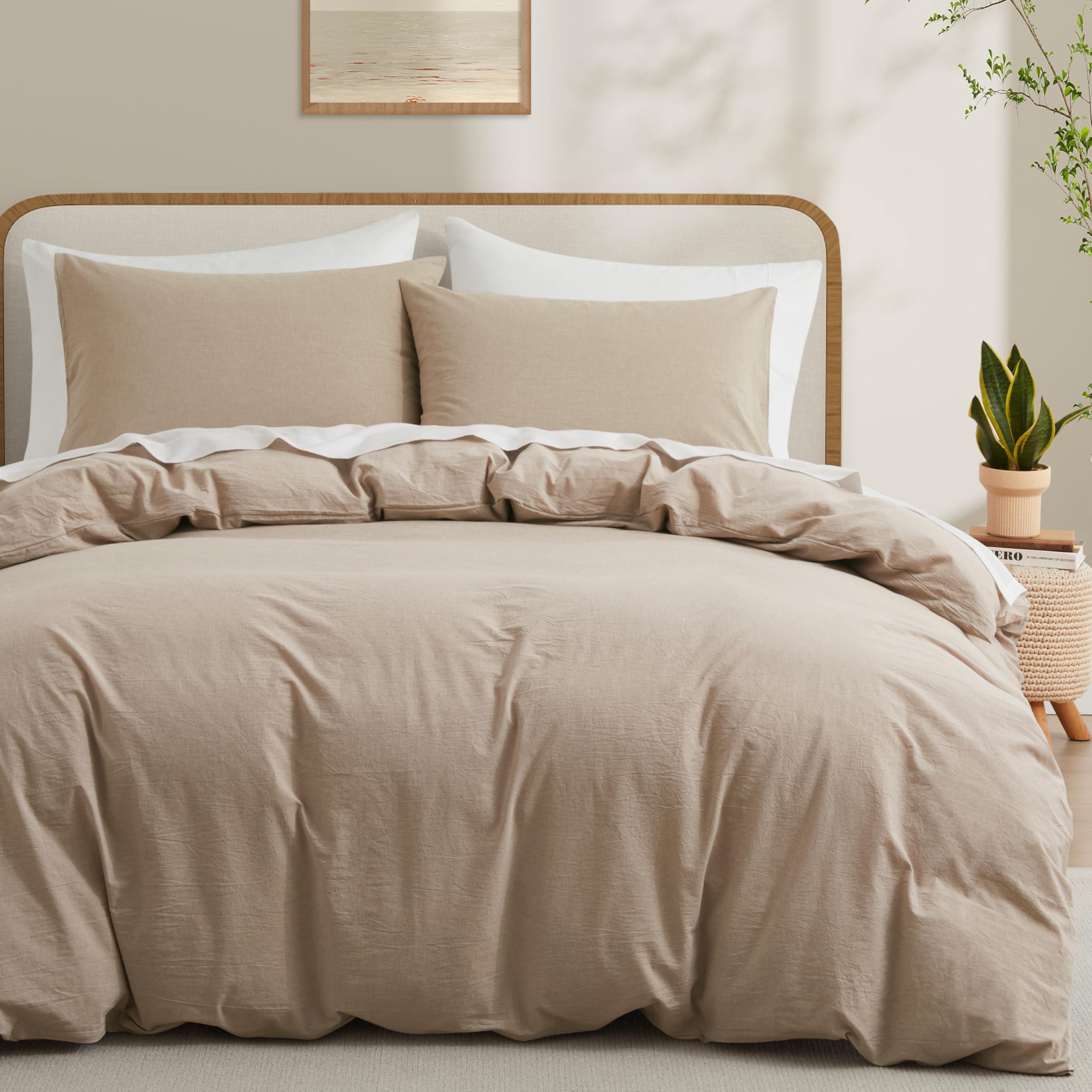 LOVQUE 100% Washed Cotton Duvet Cover Set King Size, Linen Like Natural Bedding Set with Zipper Closure (No Comforter), 104x90 I