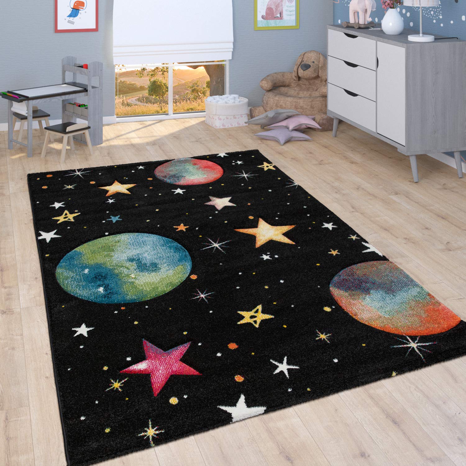 Paco Home Kids Rug Play Rug for Childs Room with Planets and Stars in Black, Size: 311 x 57