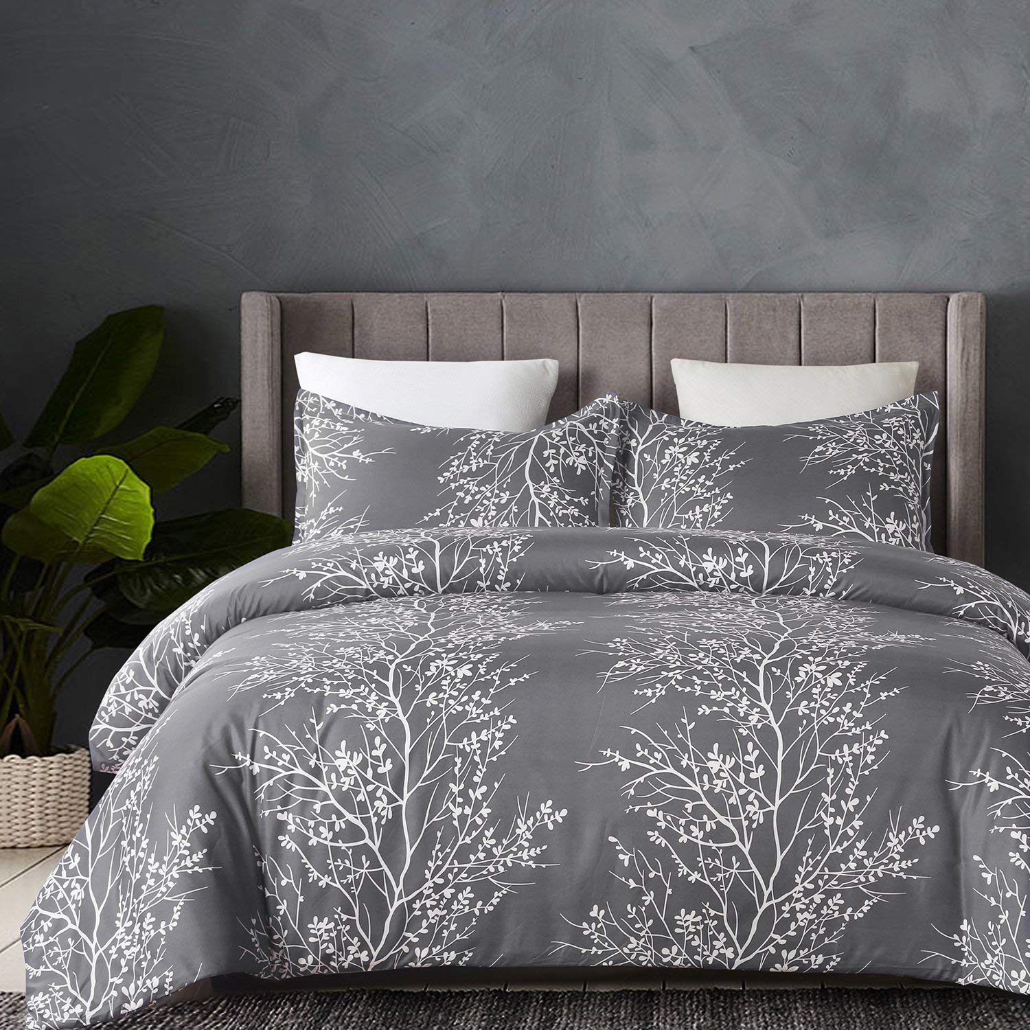 Vaulia Lightweight Cooling Microfiber Duvet Cover Queen Size, Grey and White Floral Branches Print Pattern All Season, 3-Piece S