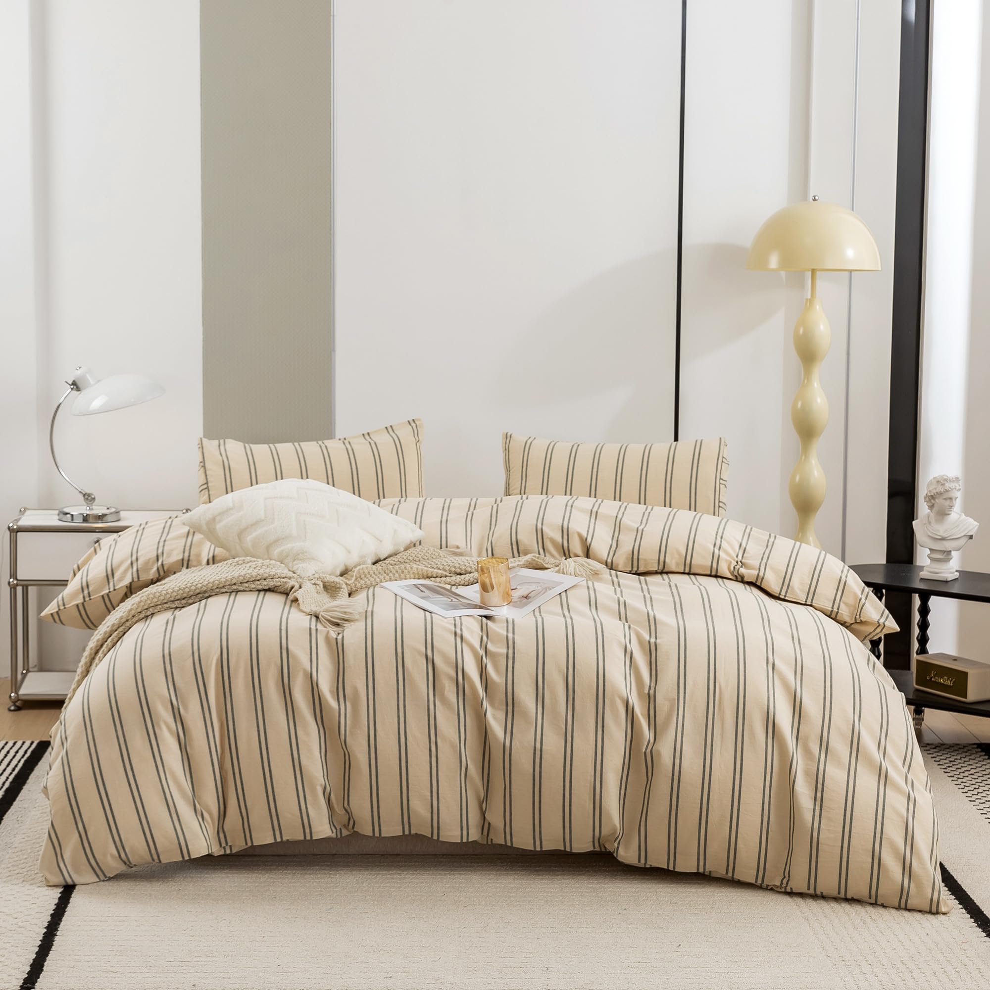 ECOCOTT Duvet Cover King Size - Linen Feel Textured Organic Natural 100% Washed Cotton, Reversible Striped Bedding Set with Zipp