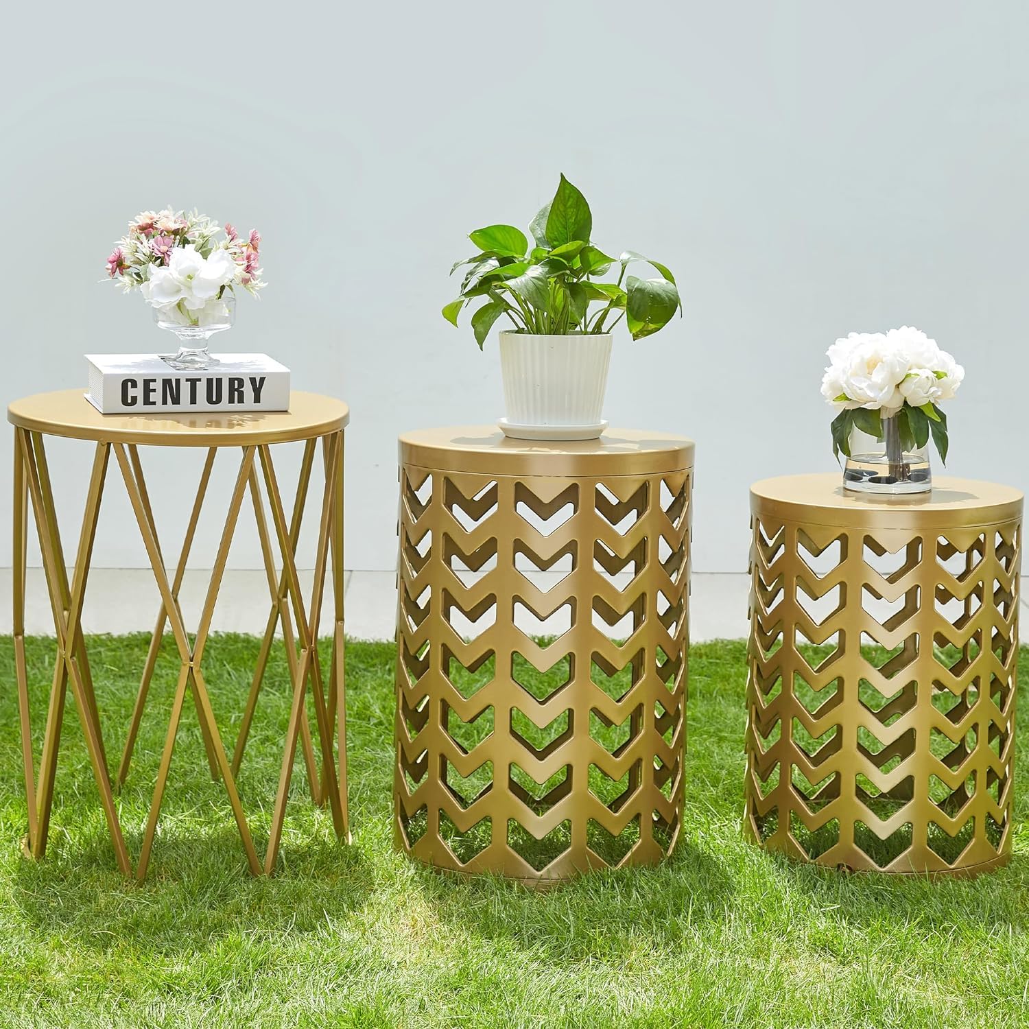Nesting Side Table Set of 3 Decorative Round Garden Stools for Indoor Outdoor Heavy Duty Metal Frame Side Table Nightstands Mode