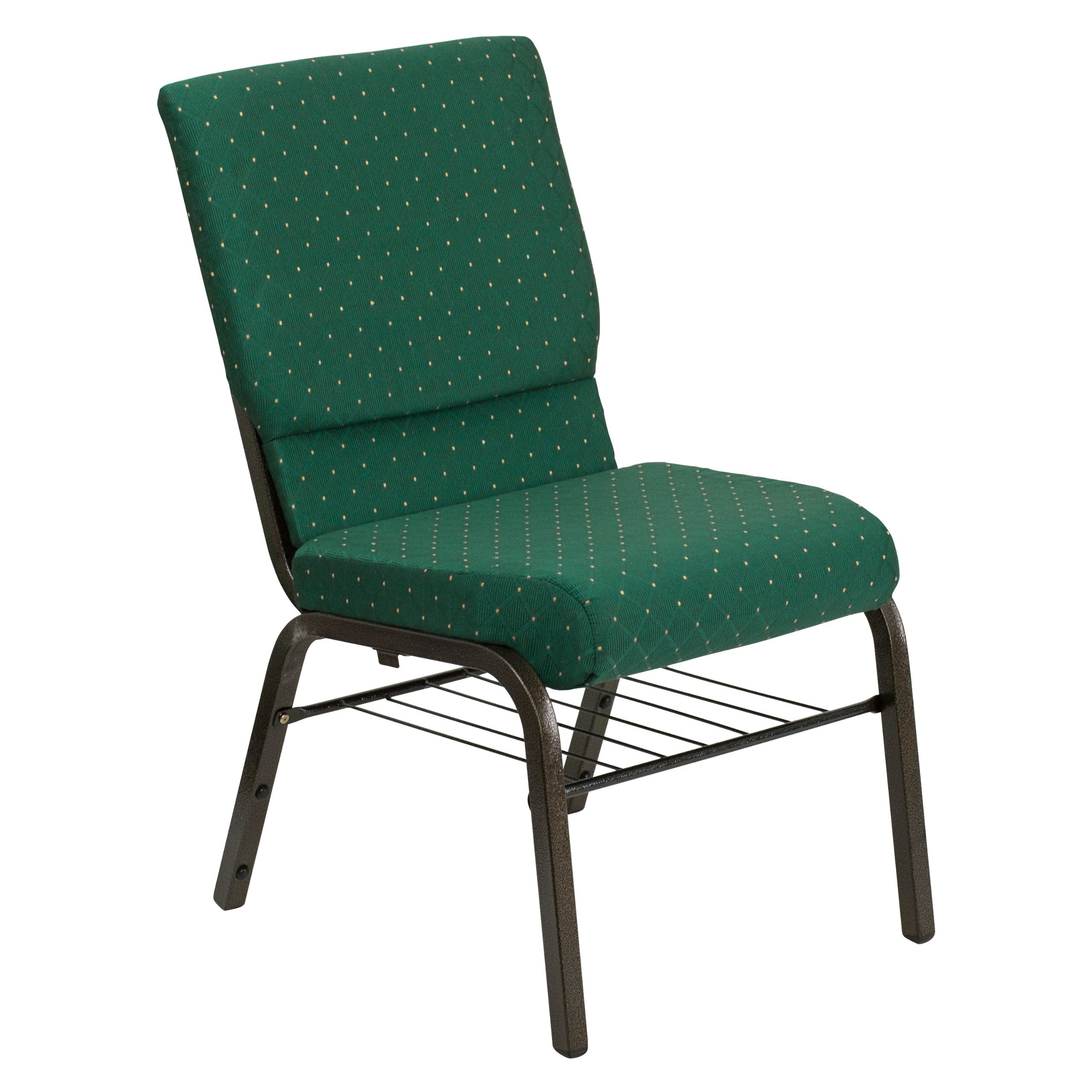 Flash Furniture HERCULES Series 18.5W Church Chair in Green Patterned Fabric with Book Rack - Gold Vein Frame